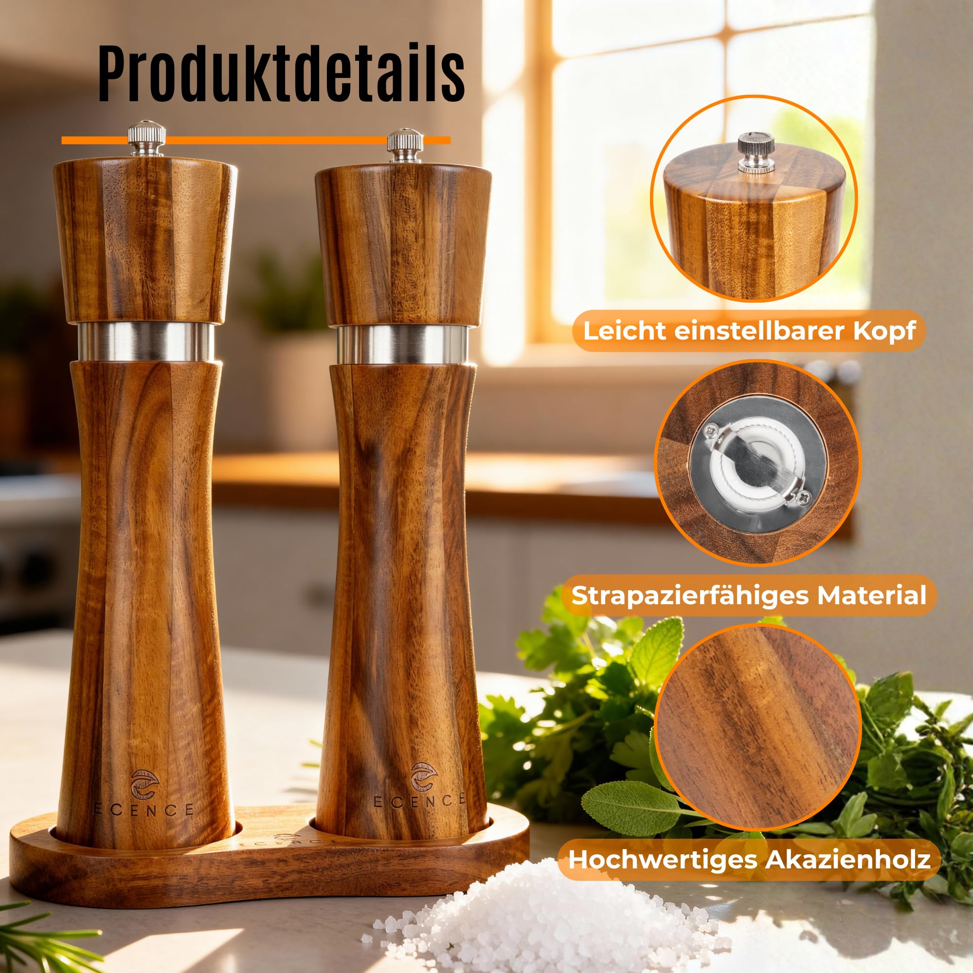 ECENCE Salz und Pfeffermühle Holz 2er Set aus Akazienholz | Gewürzmühle mit Keramikmahlwerk inkl. Reinigungspinsel und Untersetzer