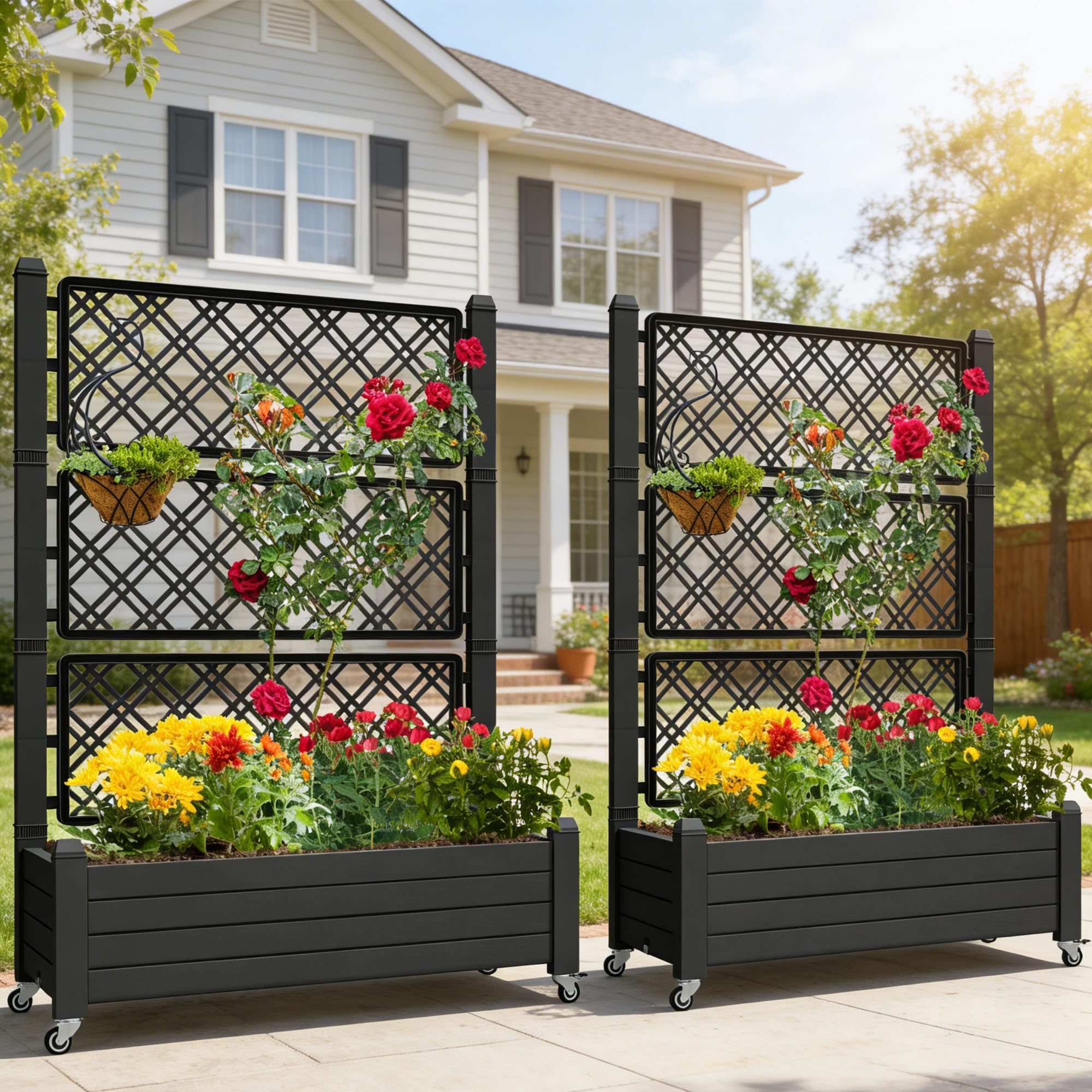 Photo 1 of YITAHOME 43.3x17.7x61 in Planter Boxes Outdoor with Trellis 2pcs Resin Raised Garden Bed with Wheels & Drain Plug for Climbing Plants, Weather-Resistant Outdoor Privacy Screen, Black
