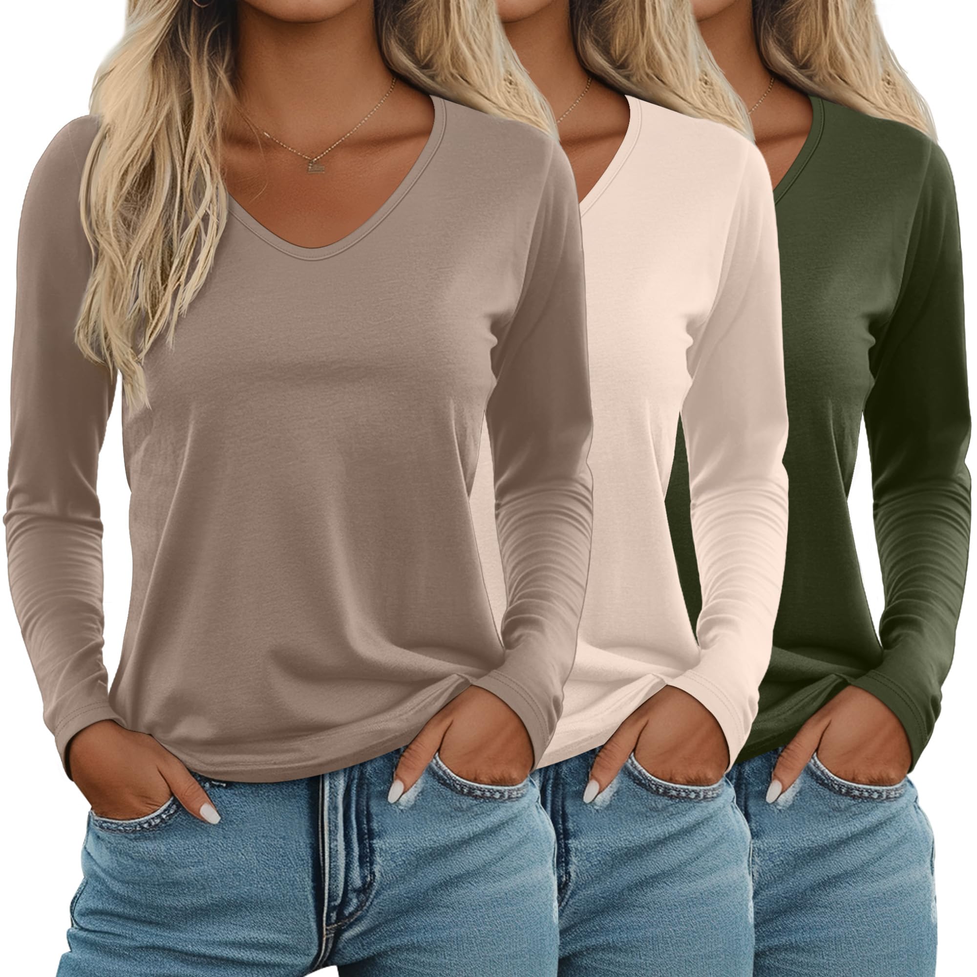 Ficerd 3 Pack Womens Long Sleeve T Shirts V Neck Basic Tops Fall Casual Trendy Tees Loose Fit