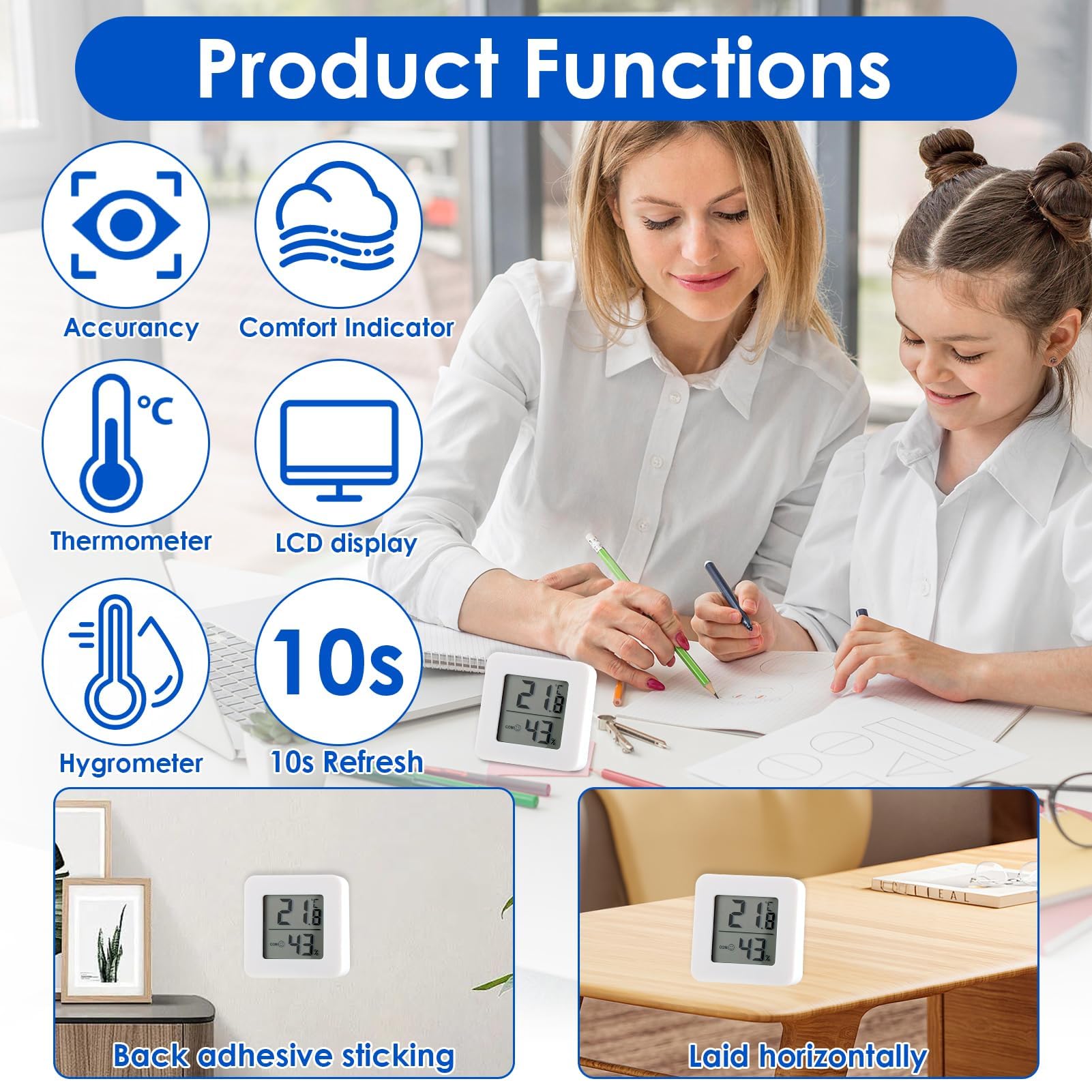 Lote de 6 termómetro interior digital con higrómetro digital, mini medidor de temperatura y humedad para casa, LCD grande, indicador de confort, termómetro digital casa preciso para oficina y hogar