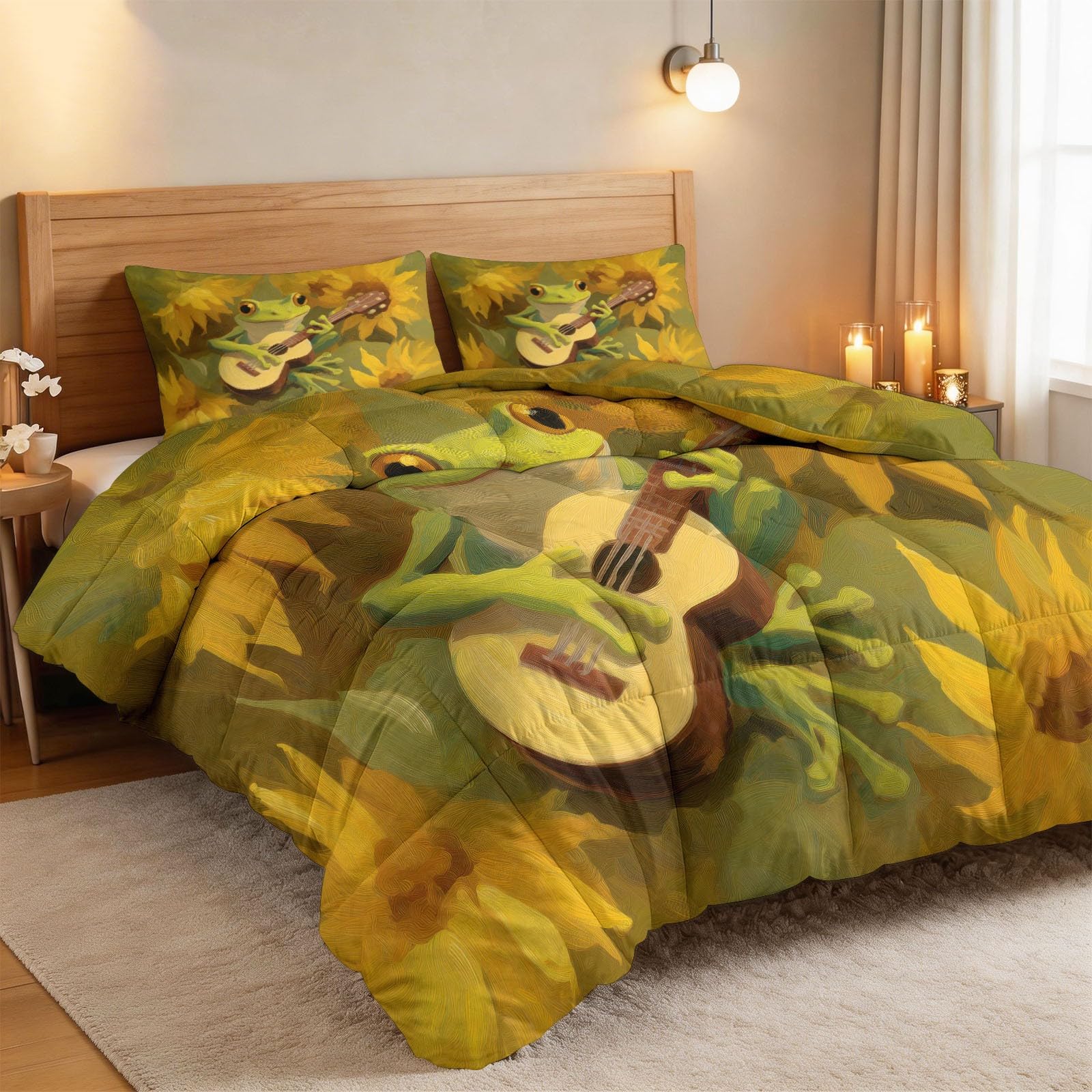 Grüner Frosch Blumen Bettdecke 200 x 200 cm 4 Jahreszeiten Steppdecke, Ölgemälde Waschbare Ganzjahresdecke Kinder Bettwaren Set Kinderzimmer Sonnentraum Bettdecke Ohne Bezug
