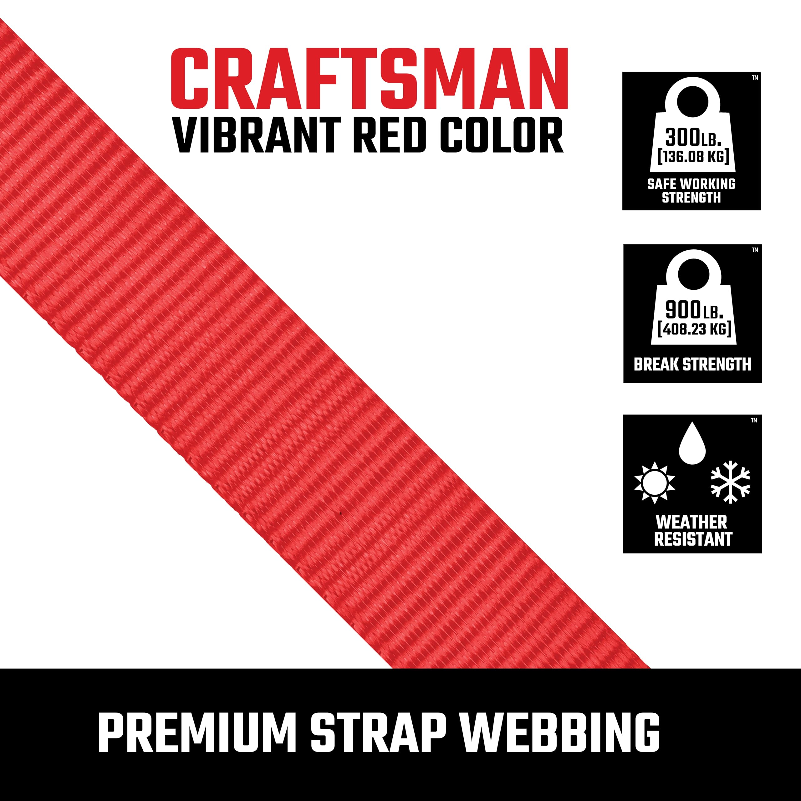 CRAFTSMAN CMXAZBS9004 - Cinghie di fissaggio a cricchetto, 2,5 cm x 2,5 m, leggere (resistenza alla rottura 408,2 kg), confezione da 4