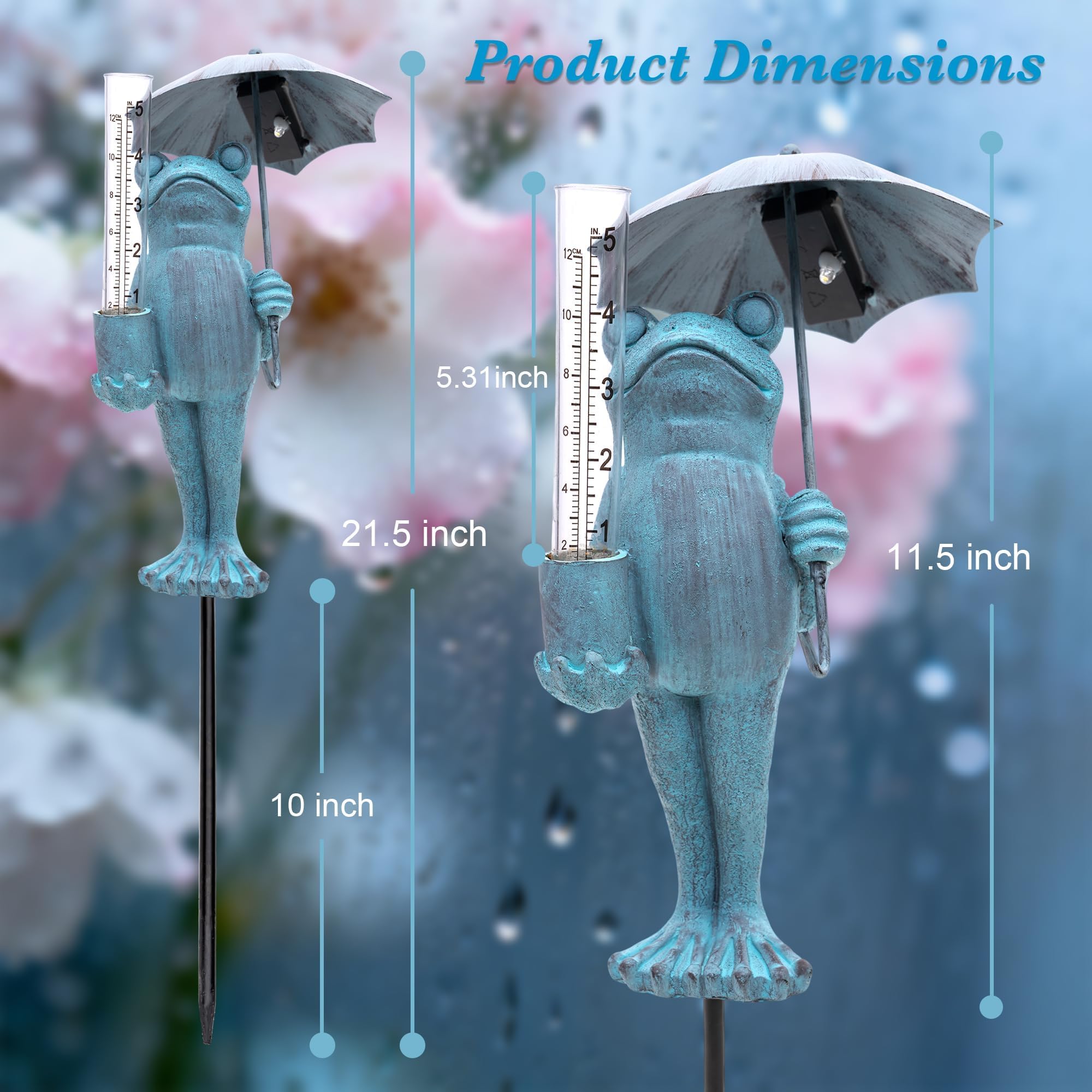 Topadorn Pluviometro a forma di rana in resina, con luci a LED solari per esterni, altezza 54 cm, decorazione da giardino blu, capacità di pioggia di 12,7 cm, facile da leggere