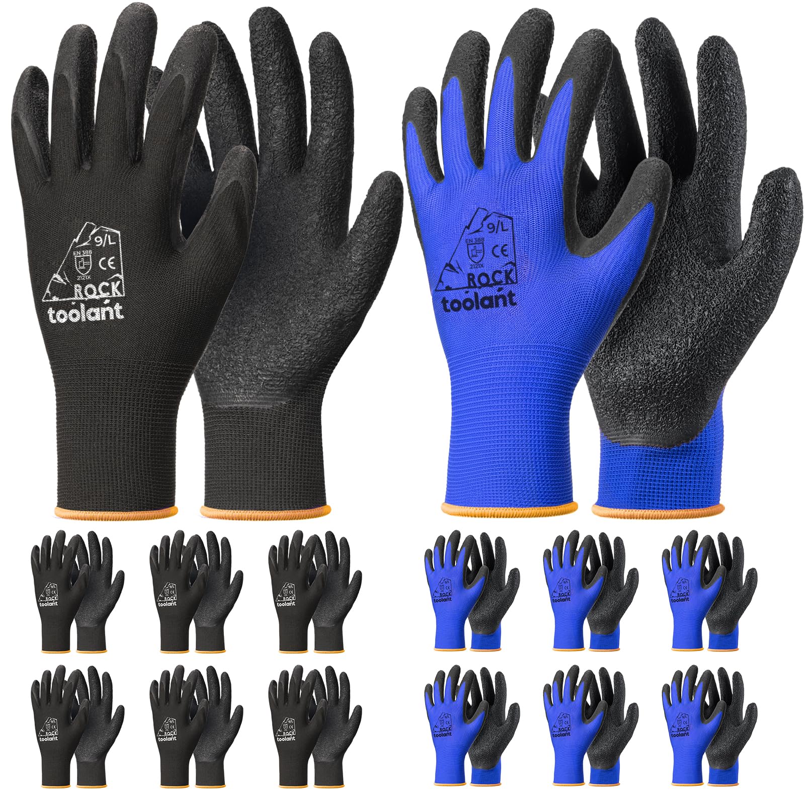 toolant Crinkle Latex Work Gloves Bulk, Rubber Coated Safety Work Gloves for Men and Women, 12 Pairs for Construction, Gardening, Warehouse (Black &