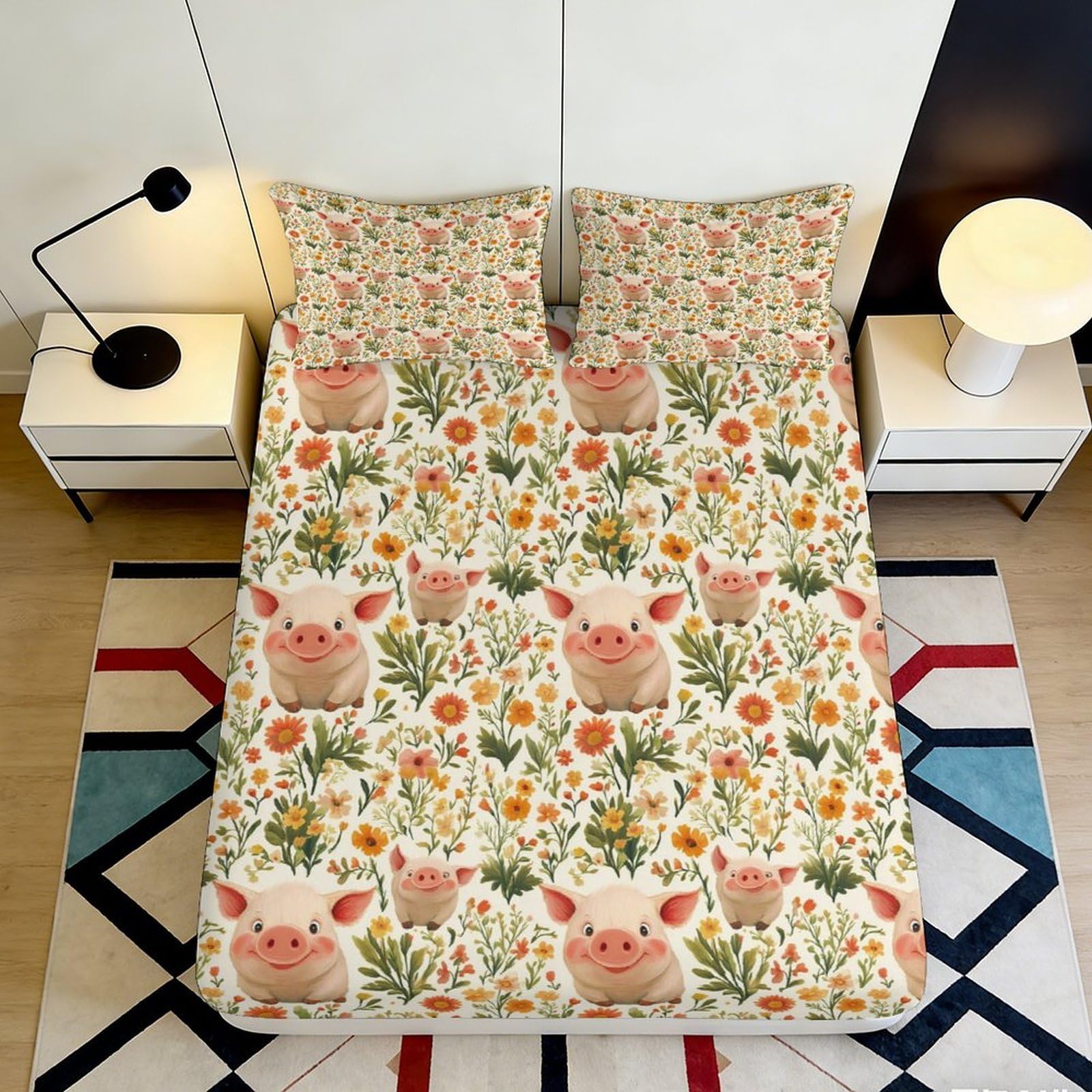 3D Printed Pig Floral Fitted Sheet Microfiber Anti-Slip Mattress Cover for Bedroom Guest Room Dorm Easy Care Decor 160x200x25cm
