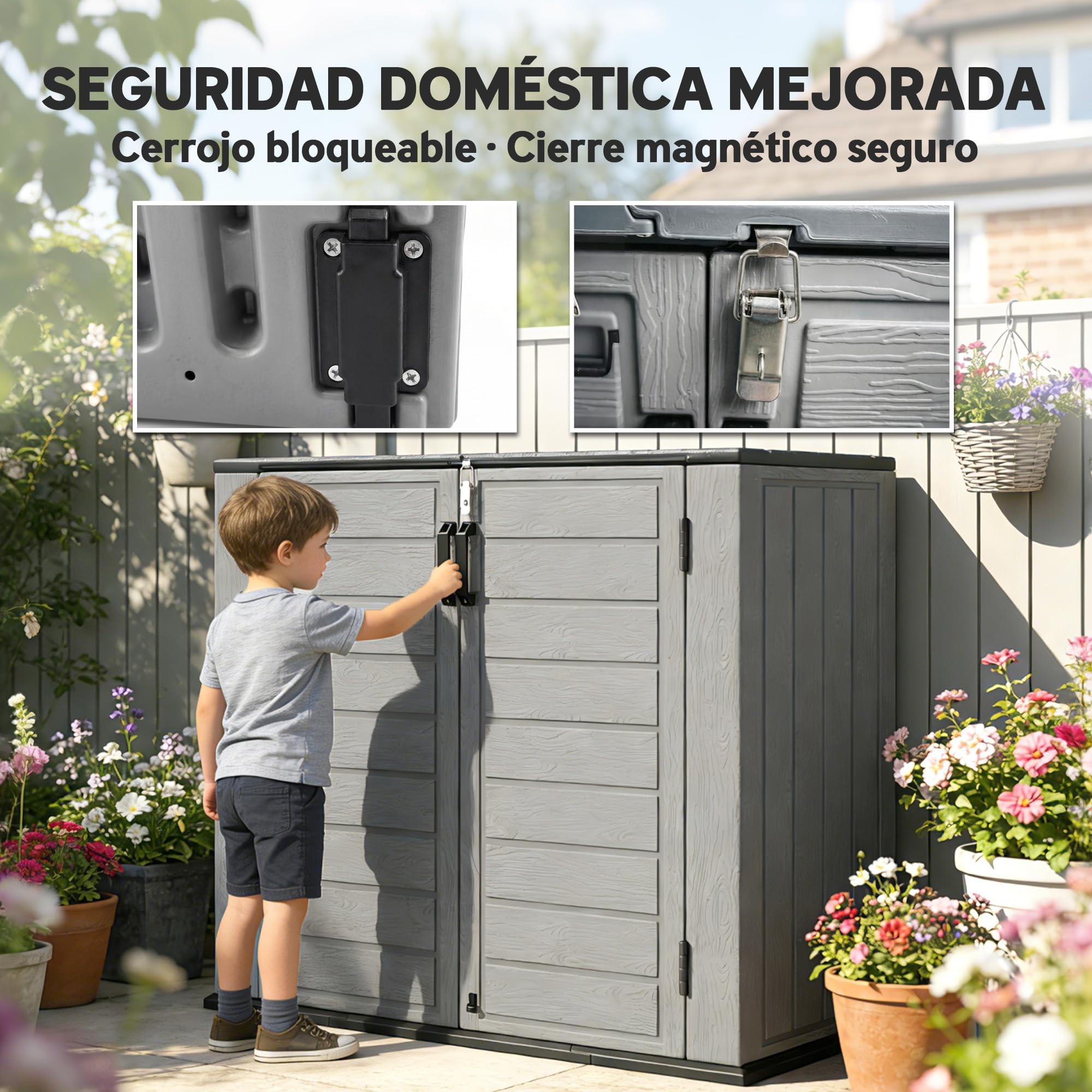 Outsunny Armario de Exterior de HDPE 940L 142x67x119 cm Gris Claro | Caseta de Jardín Exterior, Tapa Abatible, 2 Puertas, Cerradura, Cobertizo para Herramientas