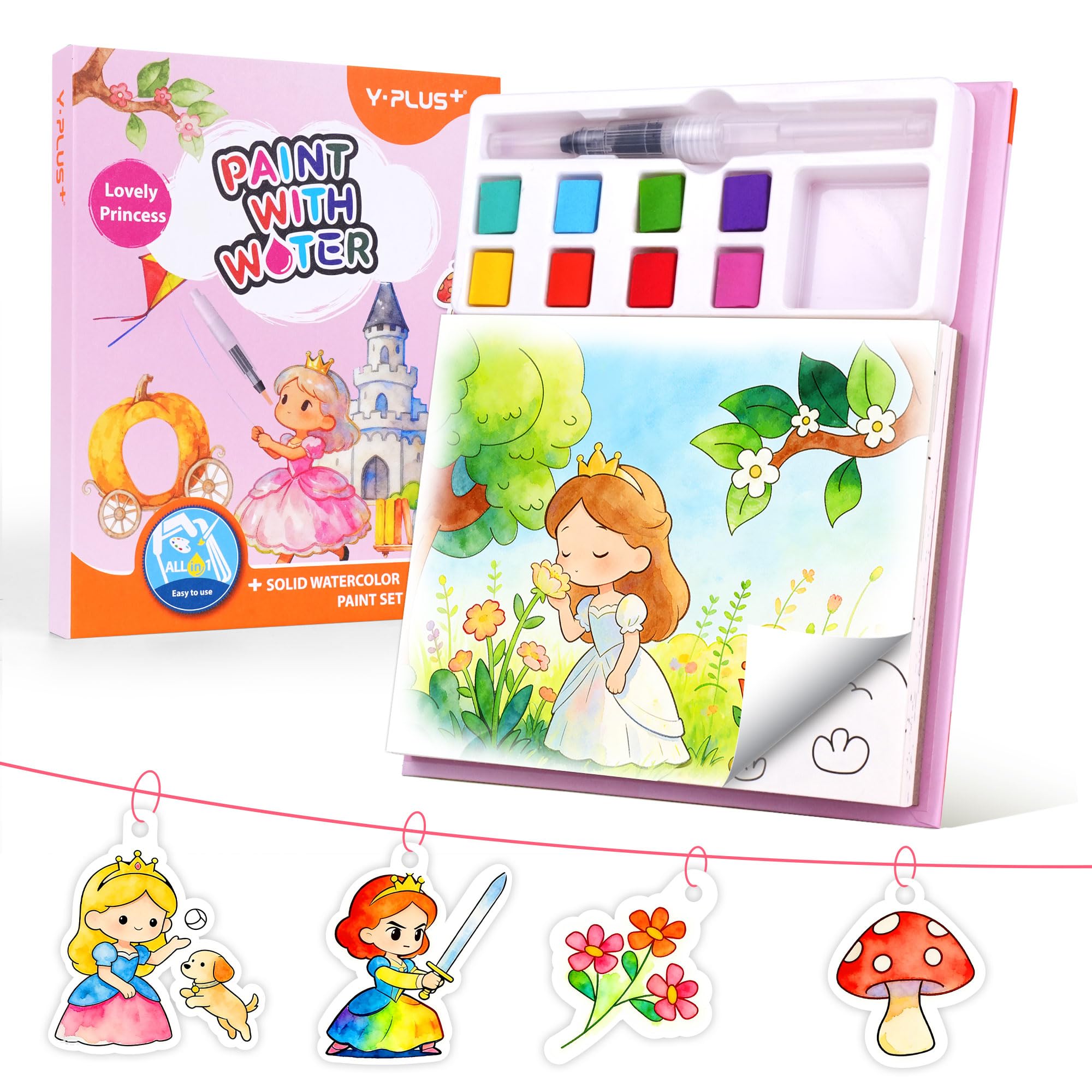 YPLUS Paint with Water Coloring Book for Toddlers, Mess Free Watercolor Painting Set with Brush, 26 Pages & 8 Color Palettes, DIY Art Craft Travel Toy