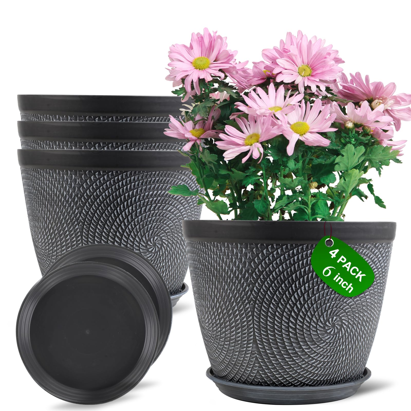 Quarut 4 Pack 6 Inch Gray Flower Pots