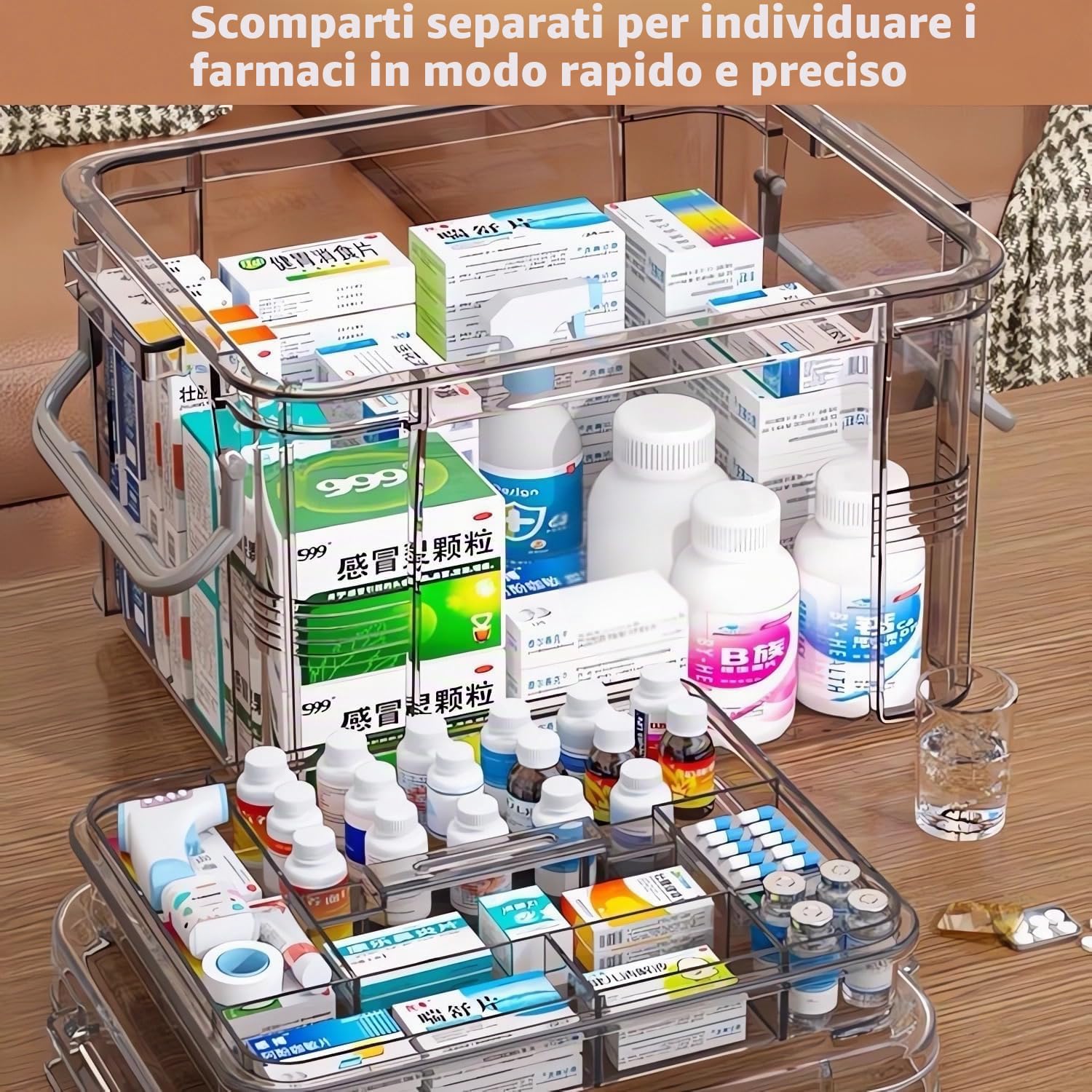 Scatola per medicinali, Scatola porta medicine da casa, porta medicinali multifunzionale, Medicine box, per la casa,all'aperto, 31x21x15cm (Grigio chiaro, L)