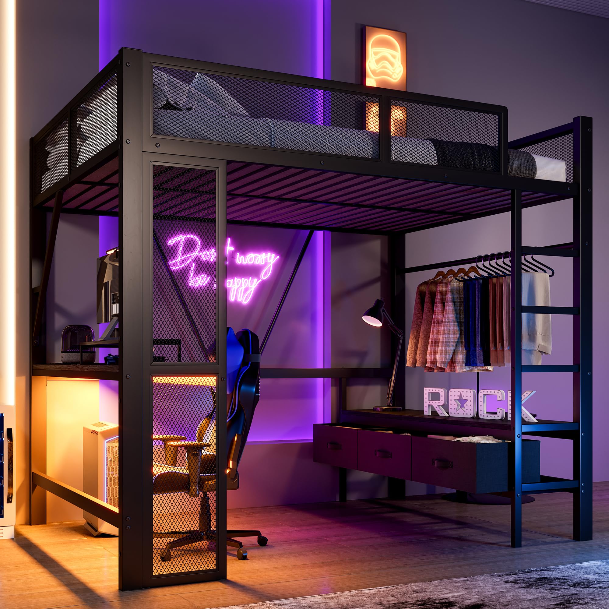 Lit Mezzanine 140x200 cm avec Port USB et Eclairage LED, Lit Bureau avec Armoire Ouverte et 3 Tiroirs à Linge, Lit Hauteur Enfant avec Bureau en Métal, Gain de Place (Noir)