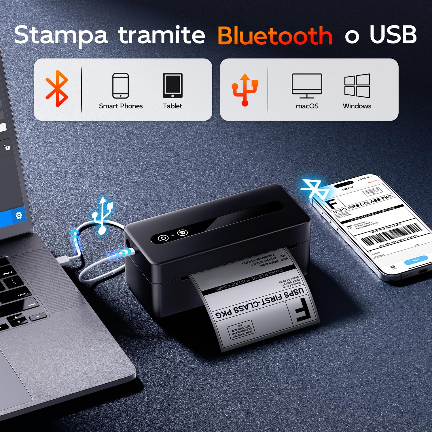 Stampante Etichette Spedizione, Stampante Termica Etichette Adesive 4x6 | Supporta Bluetooth e USB, Adatta alla Stampa di Etichette di Spedizione, Compatibile con Amazon, Vinted, Etsy, UPS, Bianco