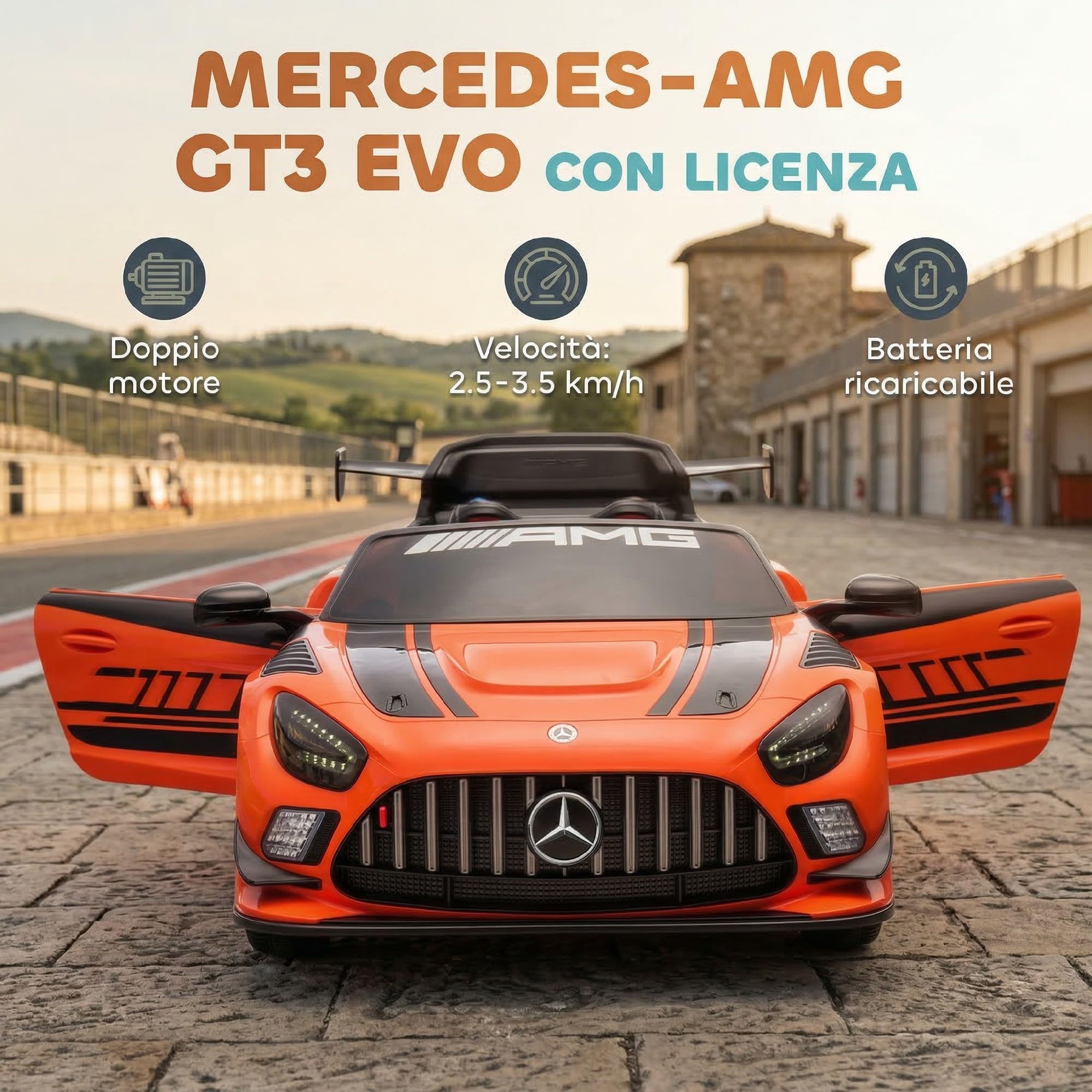 AIYAPLAY Macchina Elettrica per Bambini Mercedes-AMG GT3, 12V Auto Elettrica per Bambini 3-8 Anni con 2 Motori, Telecomando, Luci LED, Musica Wireless, Maniglia e Rotelle di Trasporto, Arancione