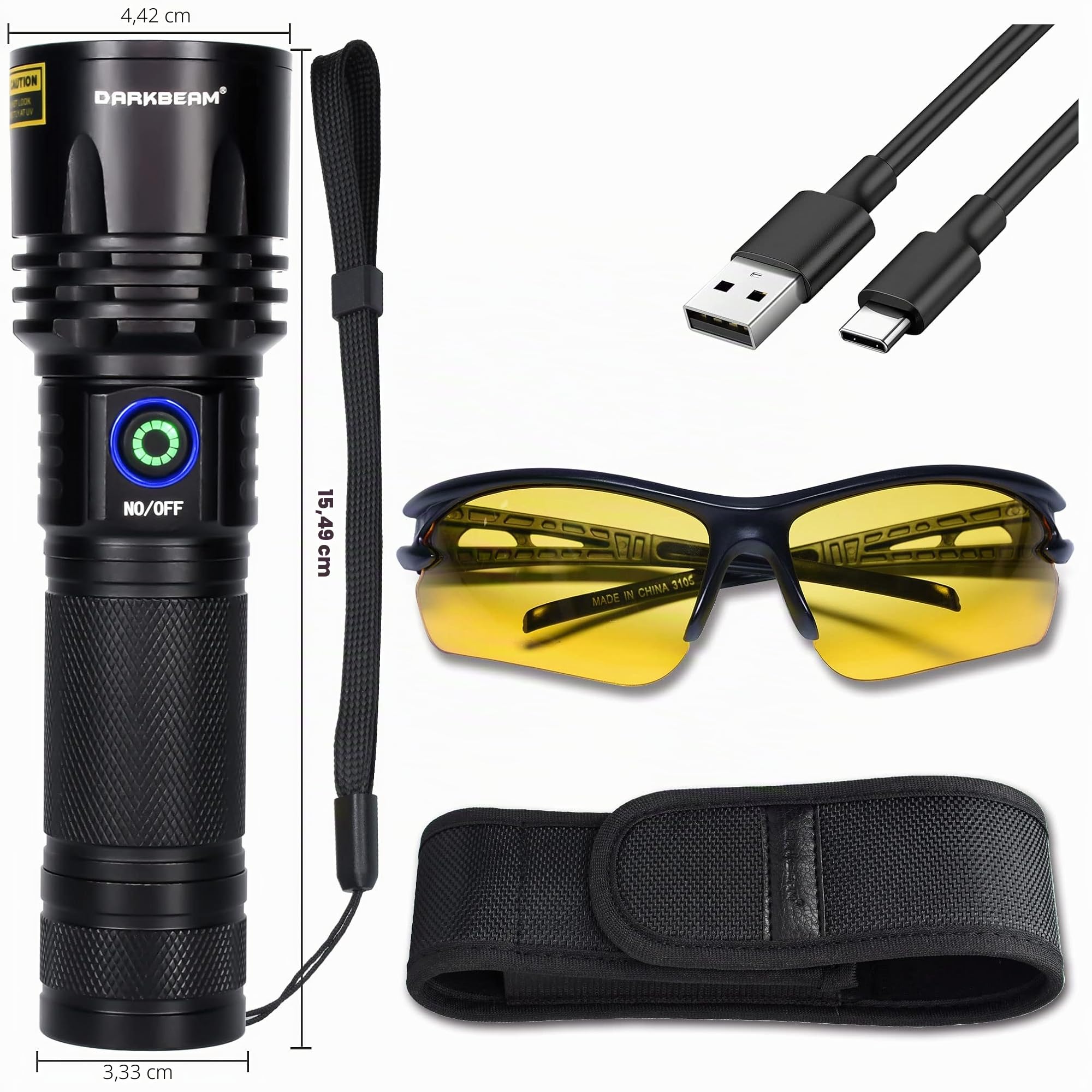 DARKBEAM Ultravioleta Luz UV 365nm Linterna Lamparas LED Negra, USB-C Recargable Potente 20W Blacklight 370nm Portátil - Detector para Orina de Mascotas, Billetes, Epoxy Resina, Escorpión, Minerales