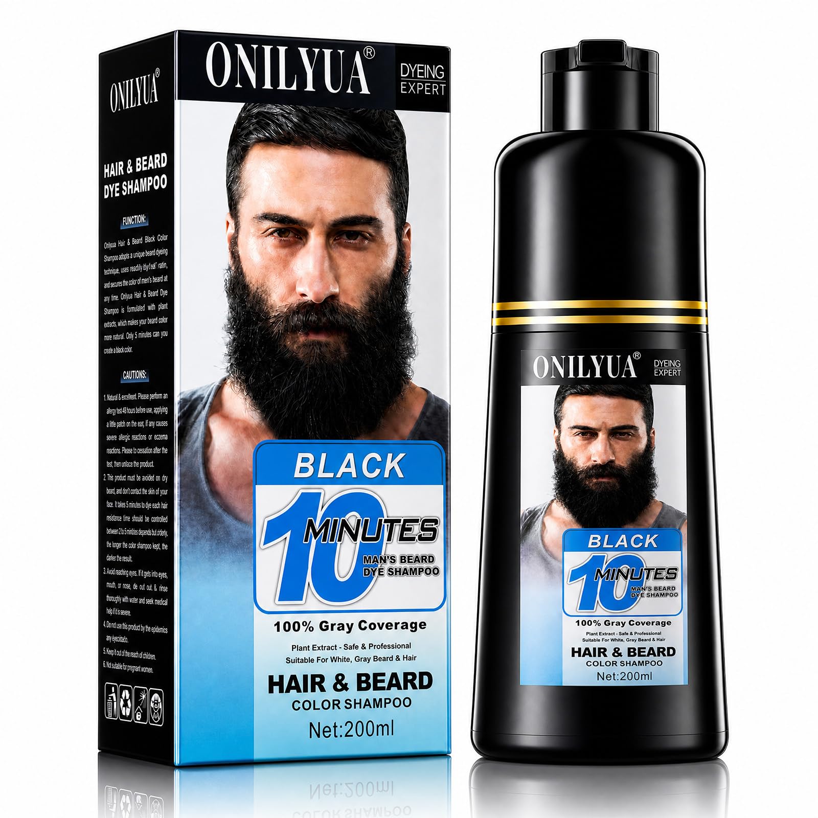 Black Beard Dye Shampoo for Men, 10-Min Fast Gray Beard & Mustache Coverage