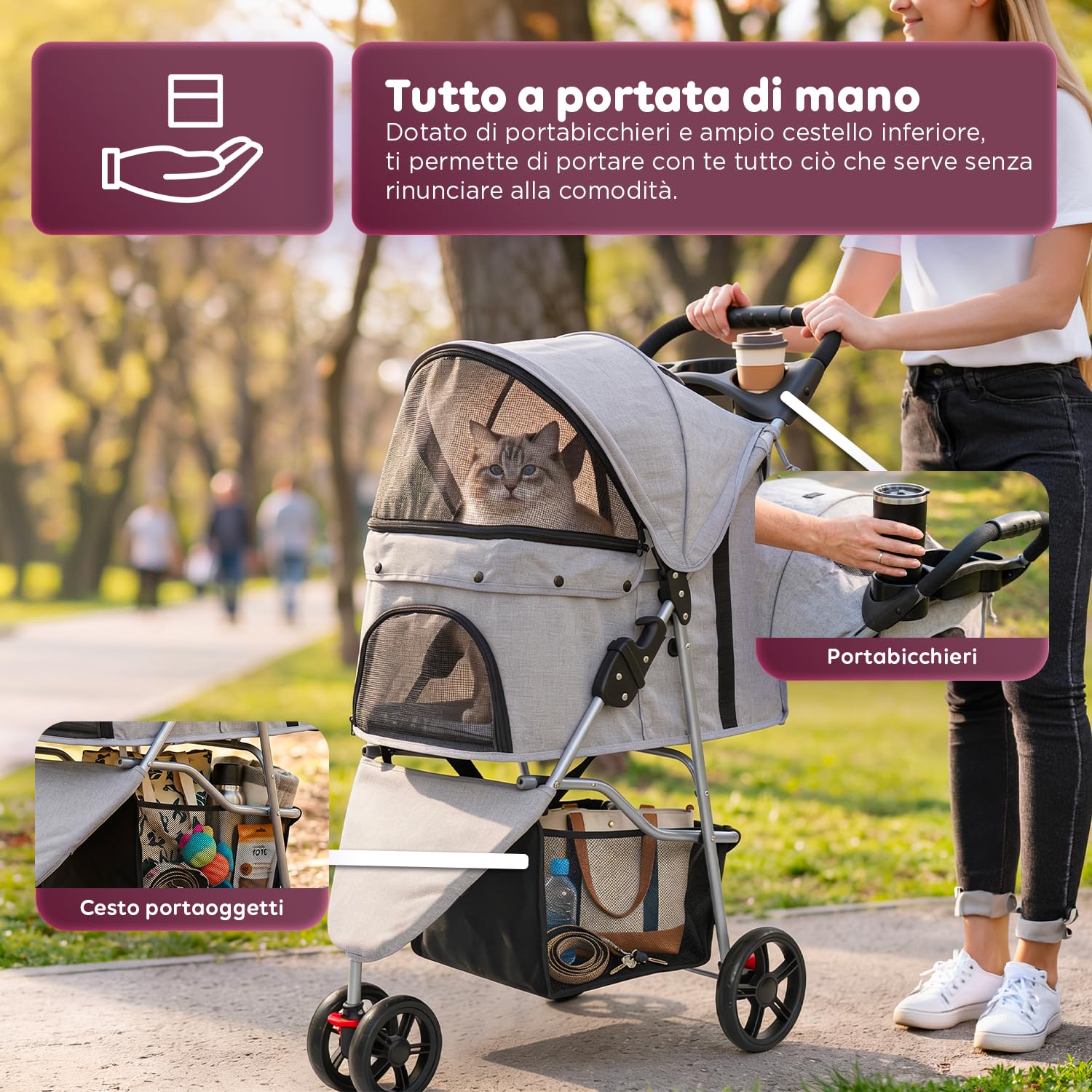 Avilia Passeggino Pieghevole per Cani 15 kg e Gatti con Cabina Panoramica Trasparente, Carrello Grigio in Acciaio e Tessuto Oxford, Portabicchieri e Cestello Portaoggetti, Ruote Scorrevoli