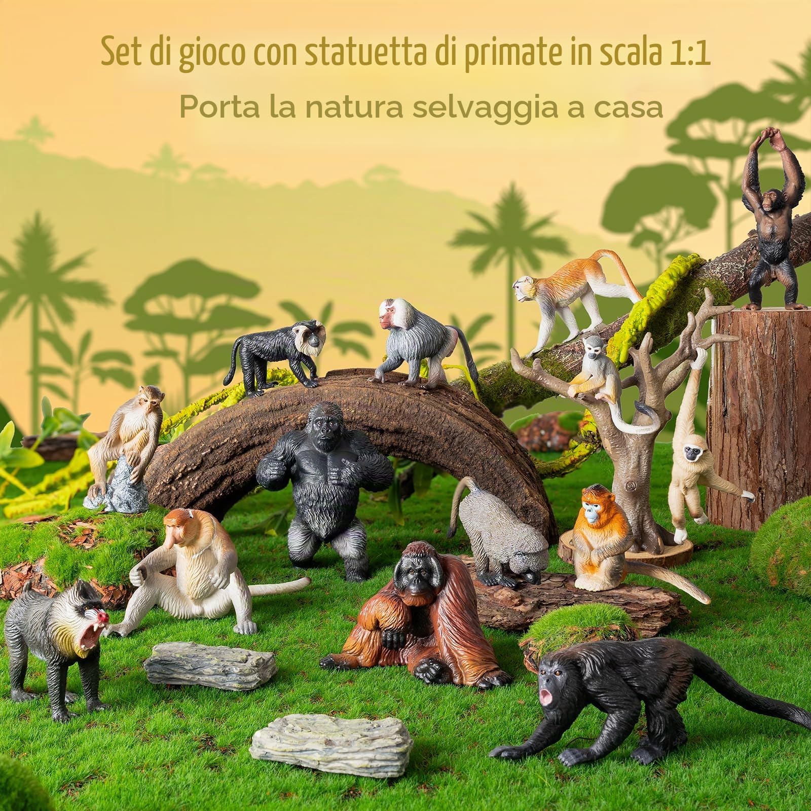 TOYMANY 15 pezzi scimmie animali e albero, set realistico di statuette di animali della giungla con gorilla, scimpanzé, giocattolo educativo, regalo di compleanno per bambini
