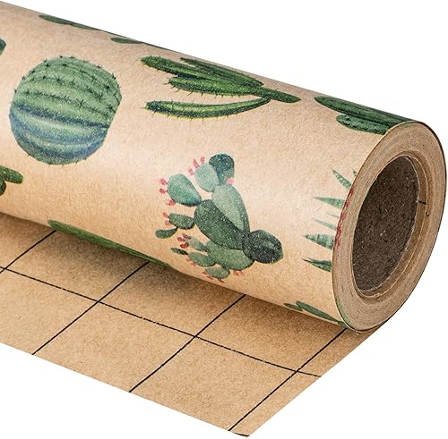 RUSPEPA Rollo de papel de regalo Kraft, mini rollo, diseño de cactus para todas las ocasiones, 17 pulgadas x 32.8 pies
