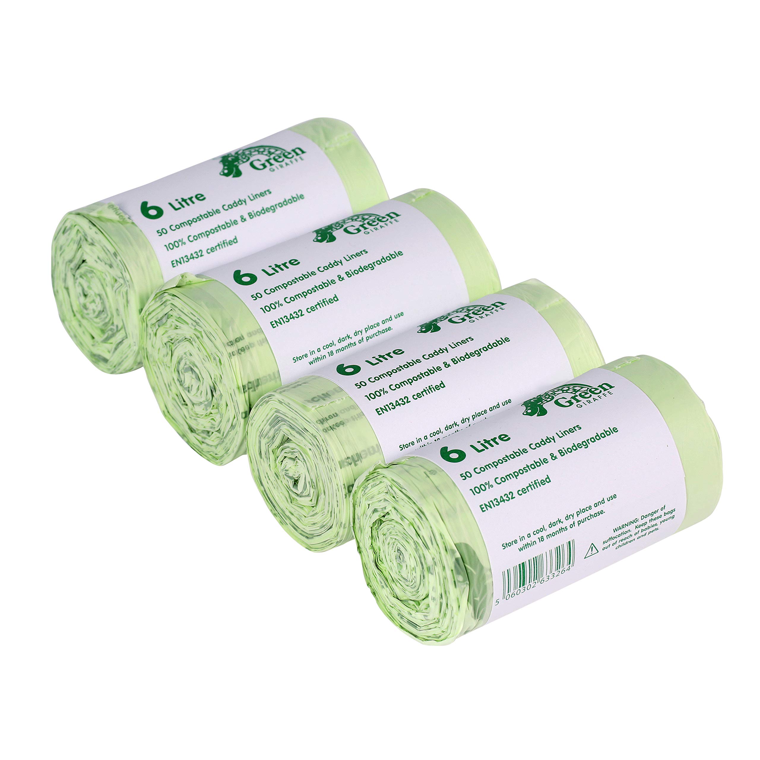 All-Green Green Giraffe 6L Compostable Kitchen Caddy Liners - Food Waste Bin Liners - 4 Rolls - 200 Bags