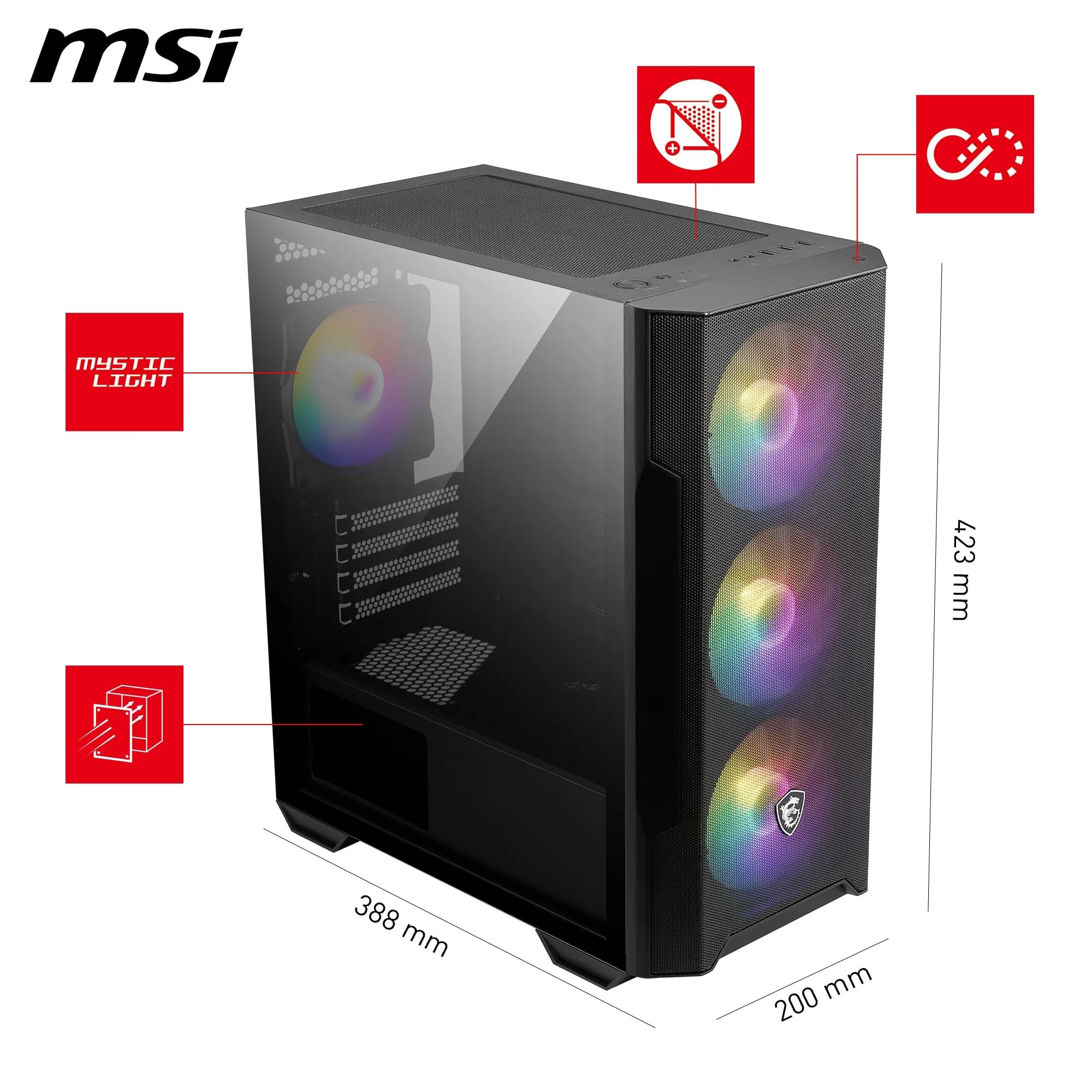 MSI MAG Forge M100R Boîtier PC Mini-Tour - Verre trempé, capacité Micro-ATX et Mini-ITX, Panneau Avant en Maille, 4 Ventilateurs ARGB de 120 mm avec contrôleur Hub, Filtre Anti-poussière magnétique