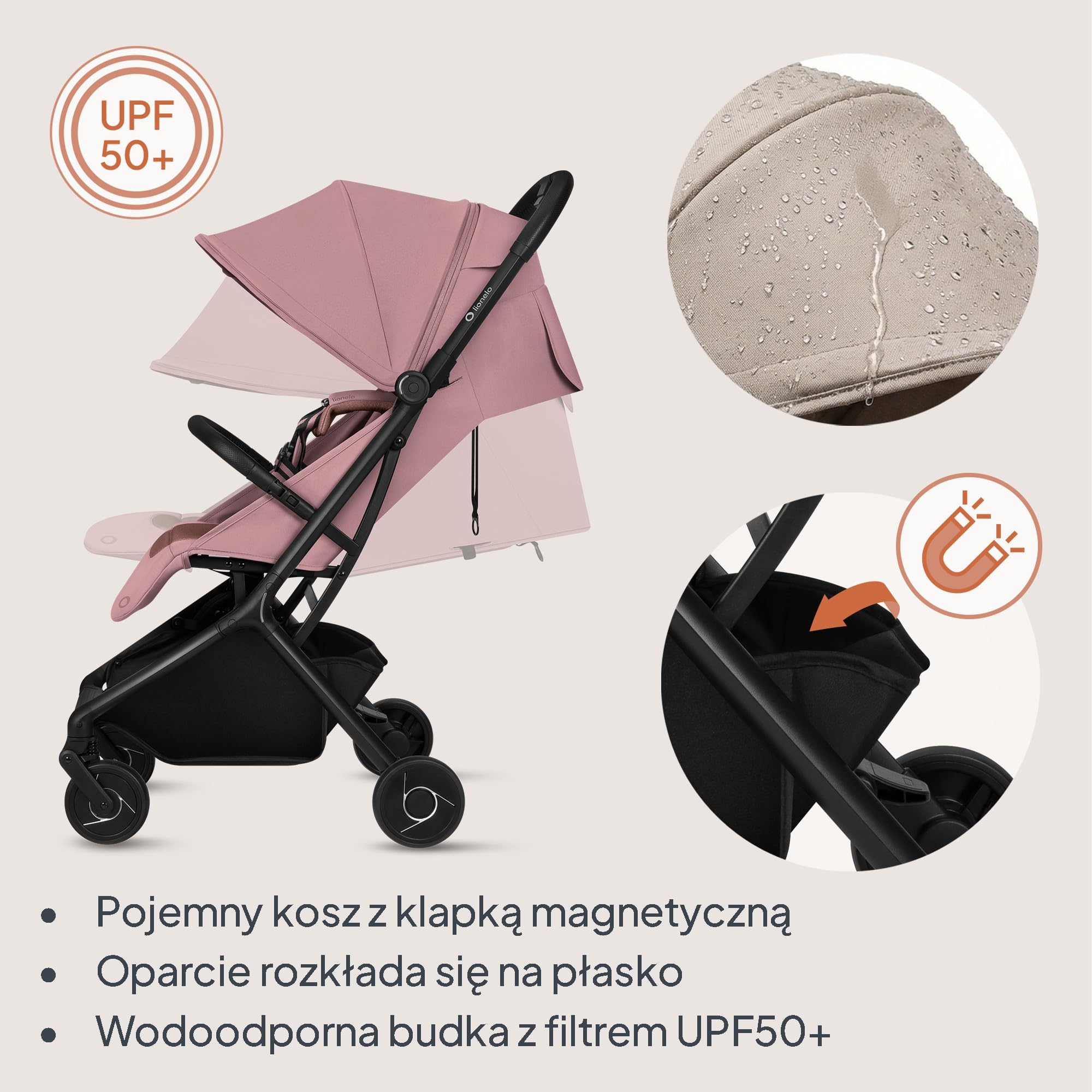 Lionelo Wózek dziecięcy Sia kompaktowy do 22 kg, składany i stojący, lekki 5,9 kg, leżący kaptur XXL UPF50+ wodoodporny, zawieszenie przednie, klamra magnetyczna duży kosz 3 kg