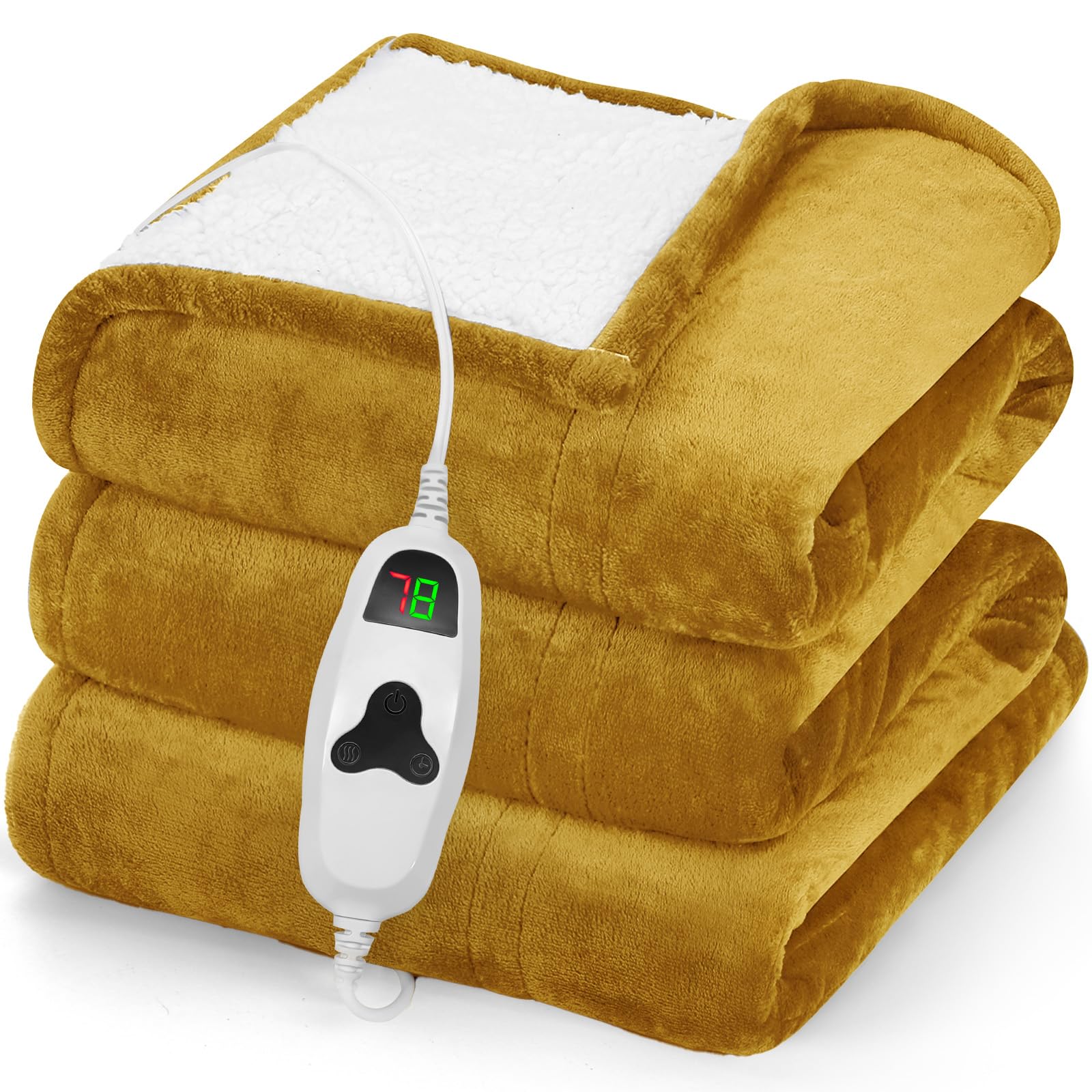 greenoak Heated Blanket Electric Throw 50"X60", Heating Blankets with 10 Heat Levels 8 Hours Auto-Off Overheat Protection, Soft Flannel Sherpa Fluffy House Warming GIF, ETL Certified Brownish Yellow