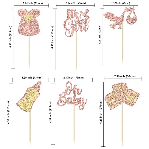 Miniatura 2 de Gyufise 24 piezas de decoración para cupcakes para baby shower, vestido con lazo con purpurina, biberón para cupcakes "It's a Girl", decoraciones de