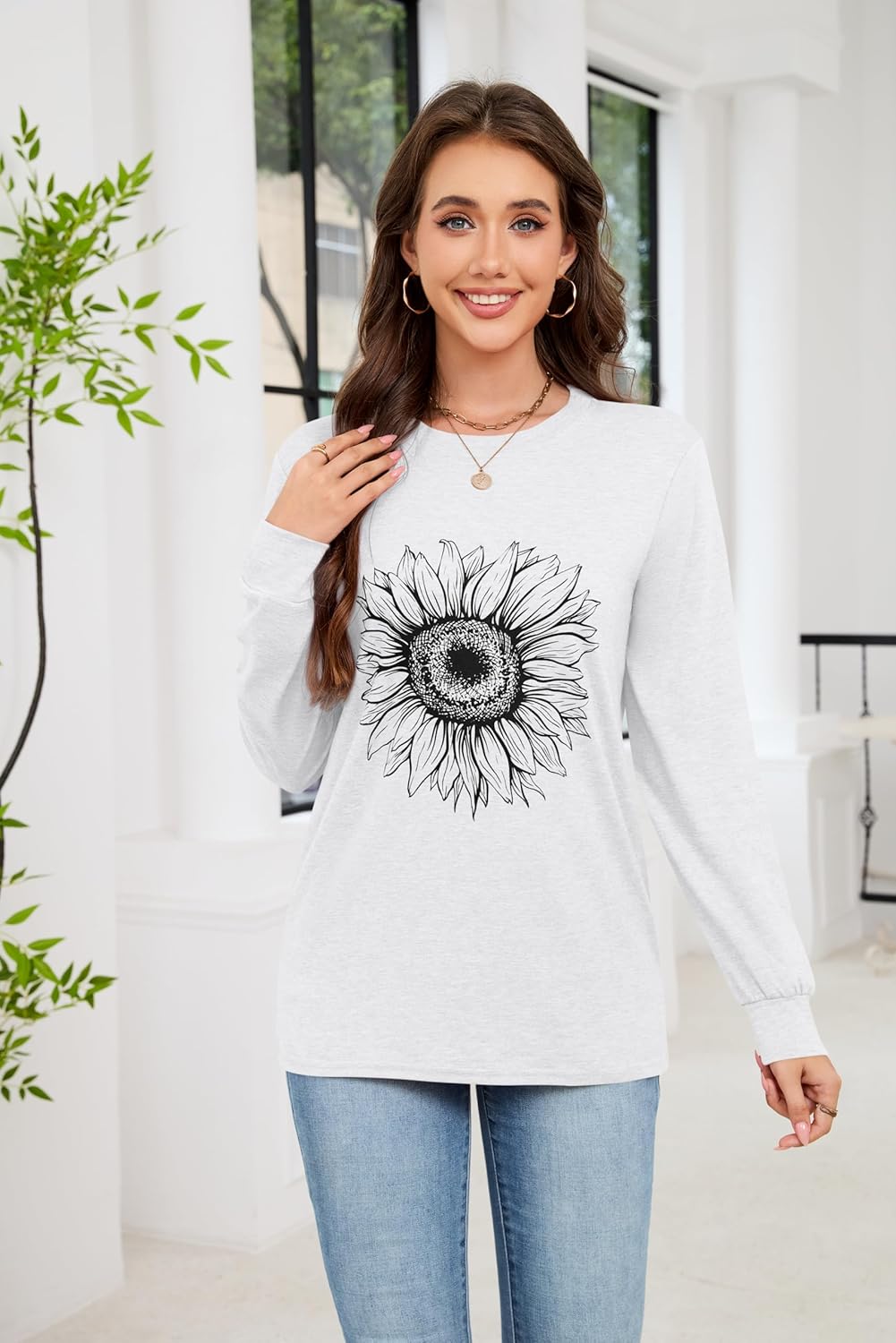 Womens Crewneck Graphic Sweatshirt Tops Fashion Sunflower Floral Printed Casual Cotton Long Sleeve Tees Shirt - Image 7