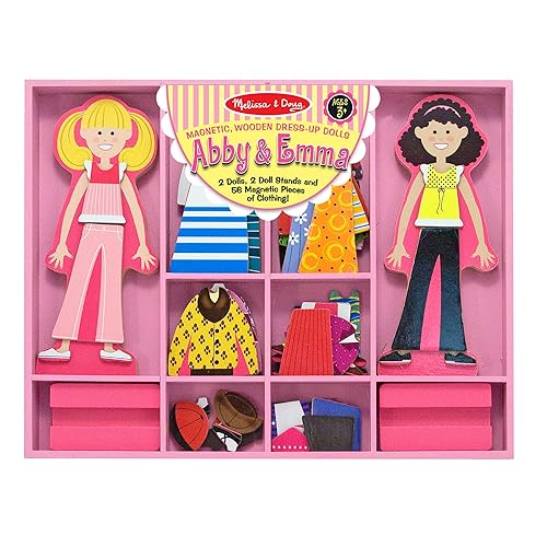 Melissa & Doug Abby and Emma Deluxe Magnetic Wooden Dress-Up Dolls Play Set (55+ pcs) Magnetic Paper Dolls for Kids Ages 3+ - English Only Packaging