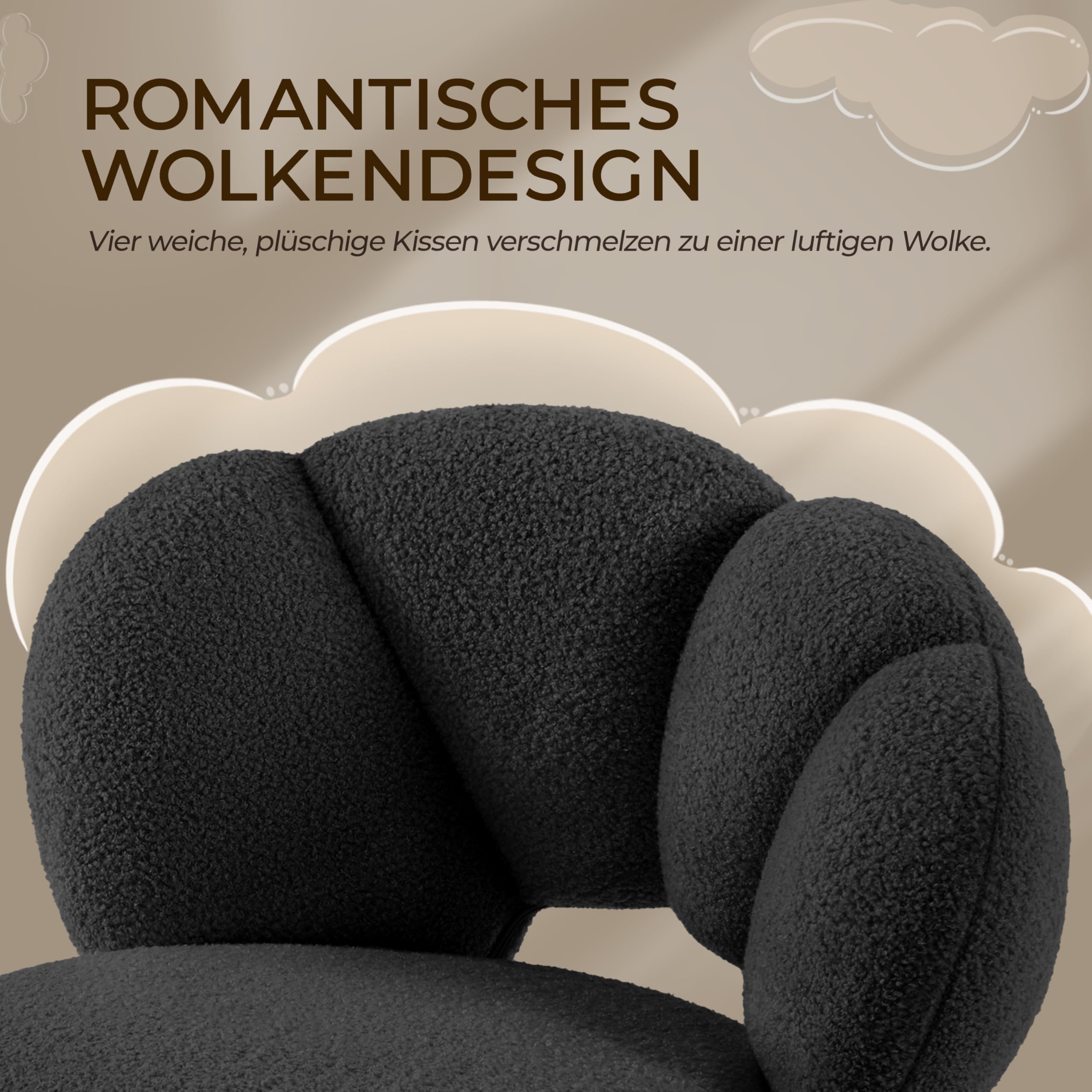 Yaheetech Schreibtischstuhl Bürostuhl Ergonomisch Bürosessel in Wolkenform Schminktischstuhl bis Belastbar Computerstuhl Höhenverstellbar für Schlafzimmer Büro Wohnzimmer Schwarz – Bild 4
