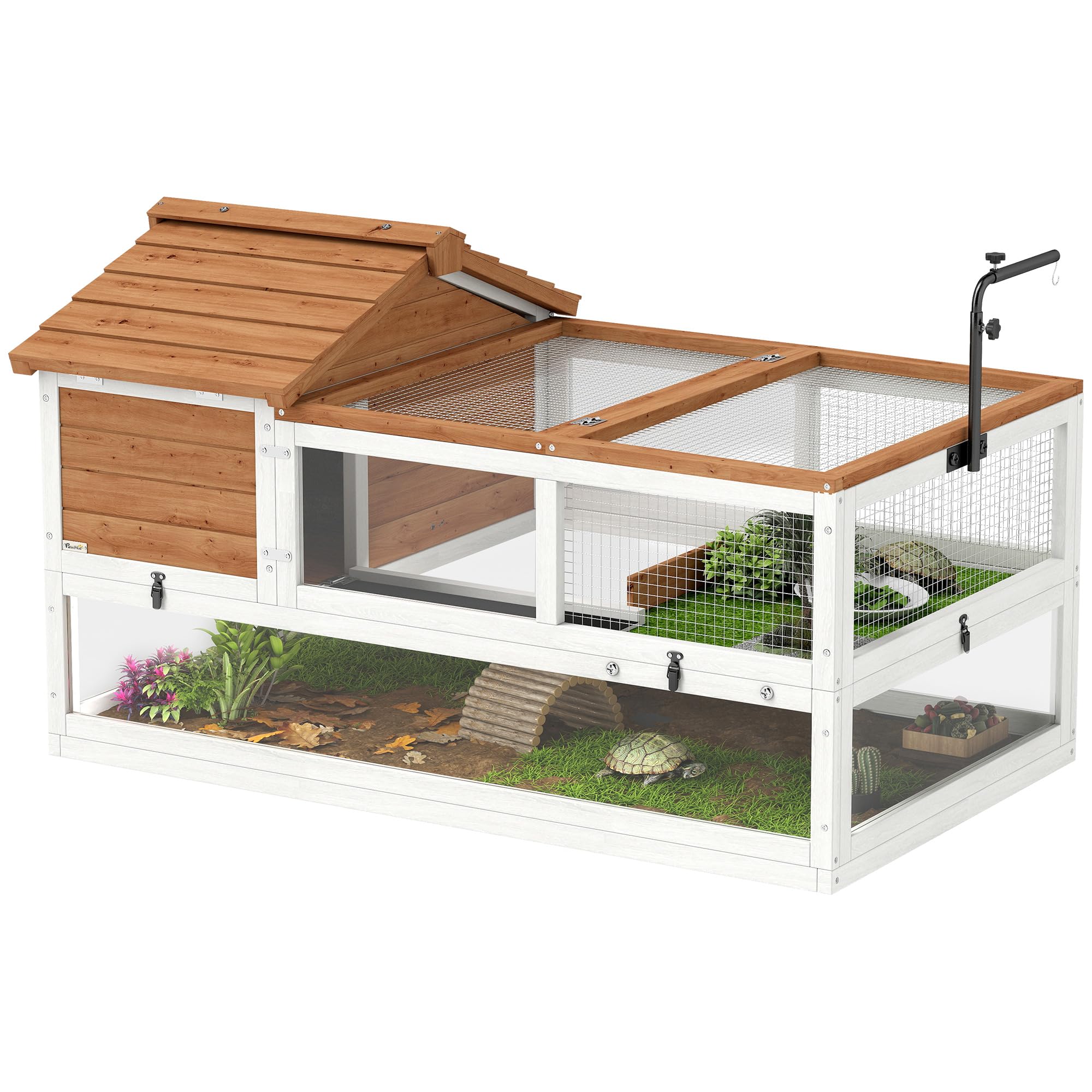 PawHut Schildkrötenhaus aus Holz Schildkrötengehege mit Zwei Haupthäusern aufklappbarem Oberseite Lampenhalter, Outdoor Reptilienkäfig Terrarium für Schildkröten Reptilien 116 x 70,5 x 69,5cm Orange
