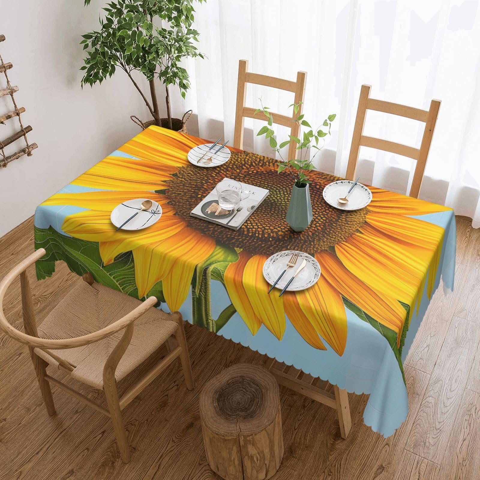 WPKJU Bloom Sunflowers Printed Rectangle Tablecloth 72x54 Inch with Lace Trim, Water-Resistant Washable Table Cover for Farmhouse Weddings, Outdoor Picnics & Holiday Dining