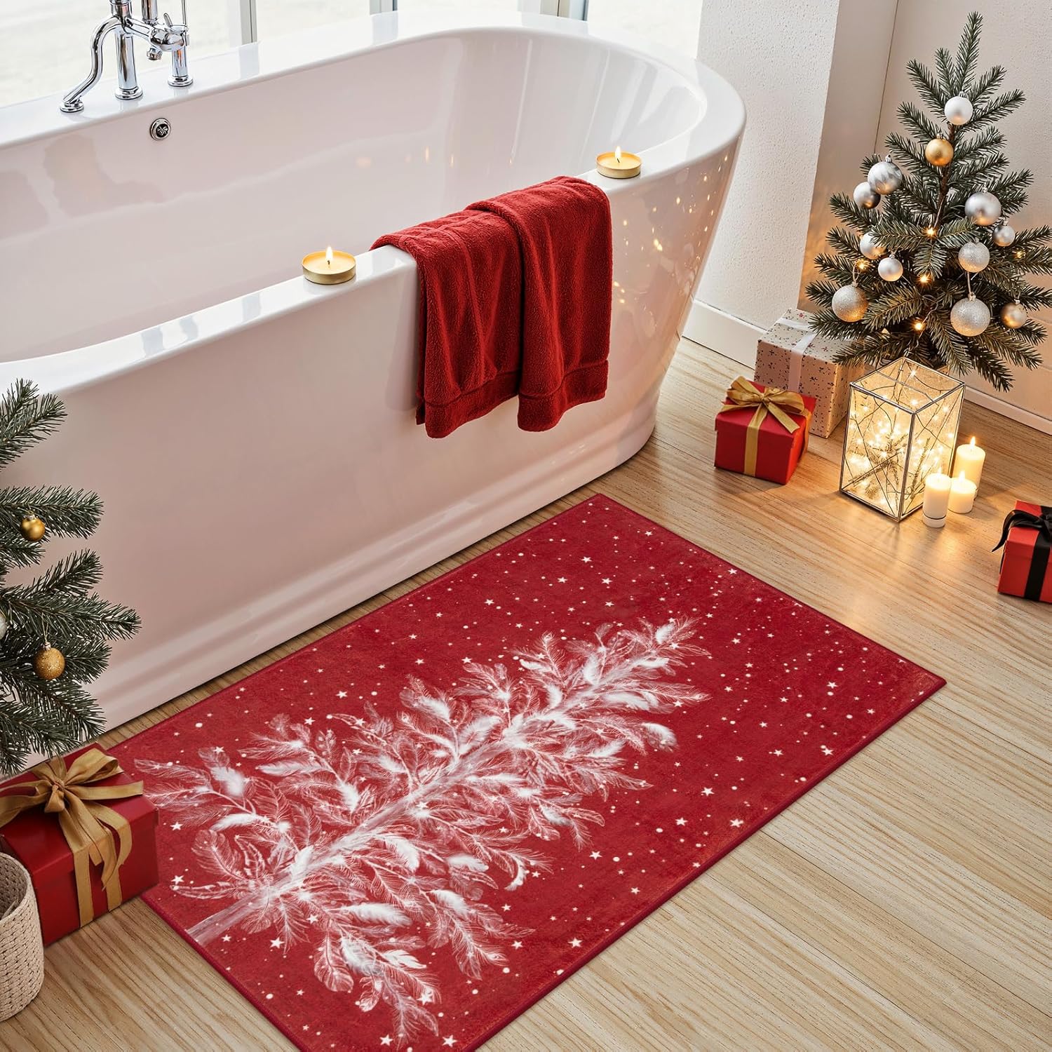 Lahome Christmas Kitchen Rugs Bathroom Rug 2x3 Non-Slip Red Door Mat Rugs for Entryway Indoor, Small Washable Throw Soft Bath Mat, Christmas Tree Print Holiday Decor Untra-Thin Carpet for Bedside