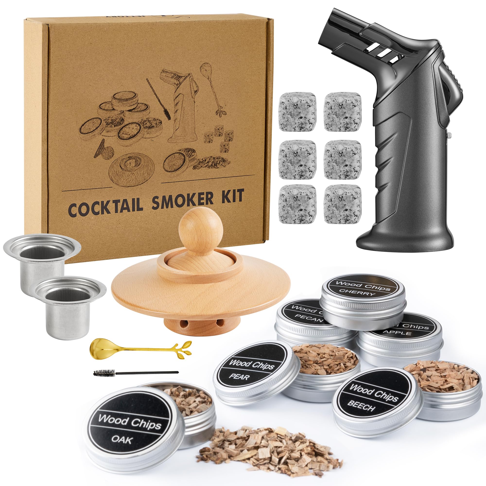 Zestaw do koktajli smoker – zestaw do wędzenia whisky 2025 z 6 drewnianymi chipsami, łatwy do czyszczenia i wydajny, Old Fashioned do whisky, bourbona i koktajli, prezent dla mężczyzn (bez