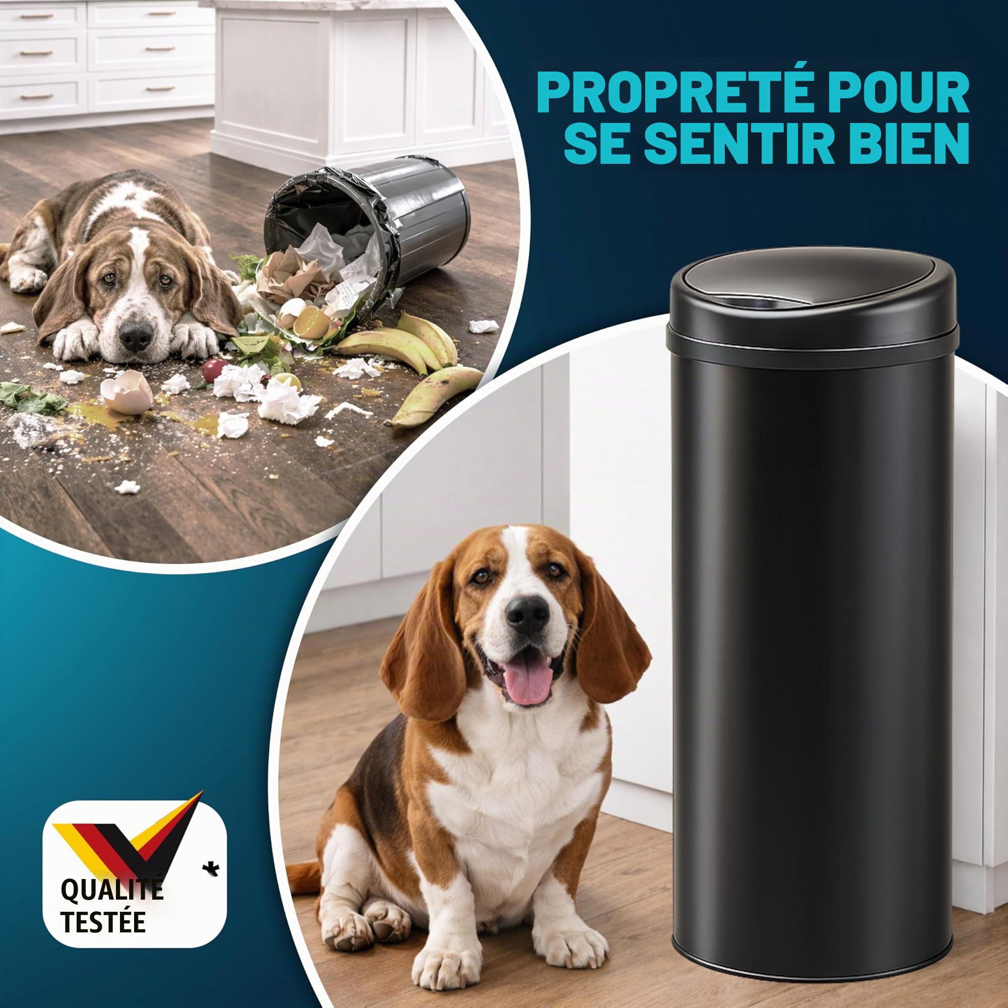 Poubelle automatique acier inoxydable 30L capteur mouvement imperméable sans contact LED USB noir