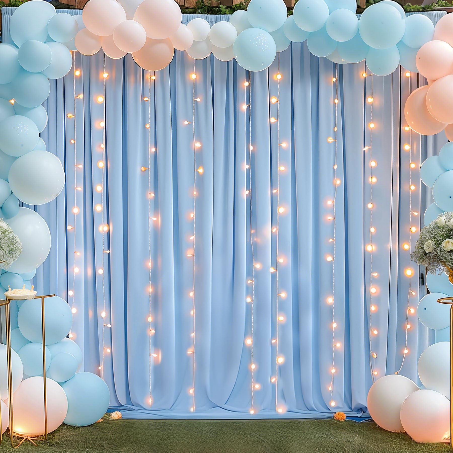 10x10ft Baby Blue Backdrop Curtains with Lights Wrinkle Free Fabric Backdrop Curtain for Wedding Birthday Party Baby Shower Photo Shoot Bridal Shower