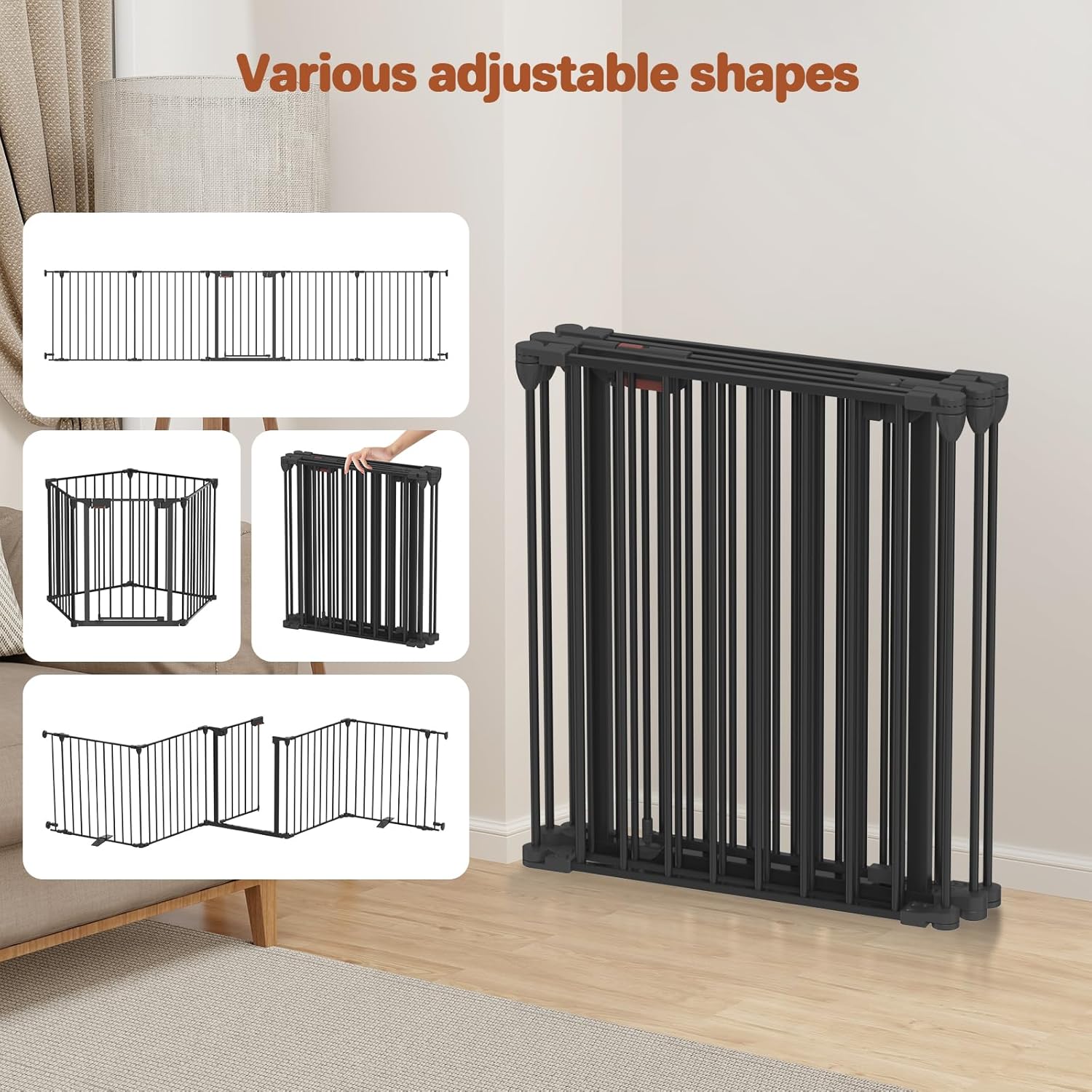 Kfvigoho Baby Gate 27.5"-129" Extra-Wide Playpen, Play Yard Child Safety Fence, Dog Gate with Auto-Close Door, Double Locking System for Fireplace, Foldable 5 Steel Panels, Black