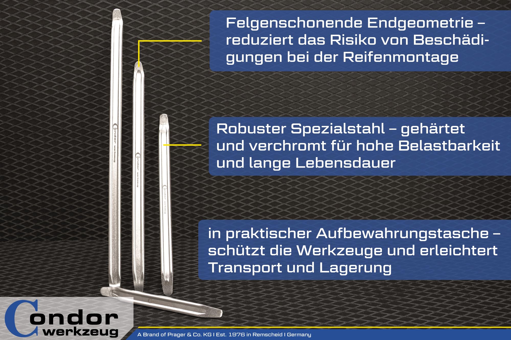 CONDOR Werkzeug 8265 | Reifen-Montiereisen-Satz | 4-TLG. | 250-400 - 500-600 mm | Montierhebel Reifenmontage Werkzeug für Hobby und Profi Handwerker
