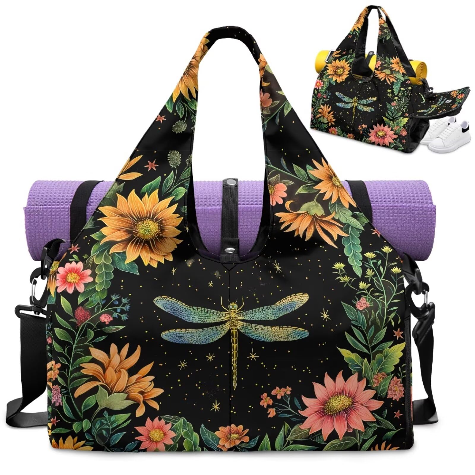 Dngkaoje Womens Yoga Bag with Shoe Compartment and Yoga Mat Strap Dragonfly Flower Pilates Tote Bag for Women with Adjustable Shoulder Strap Lightweight Workout Bags for Gym Wet Gym Clothes Bag — image 1