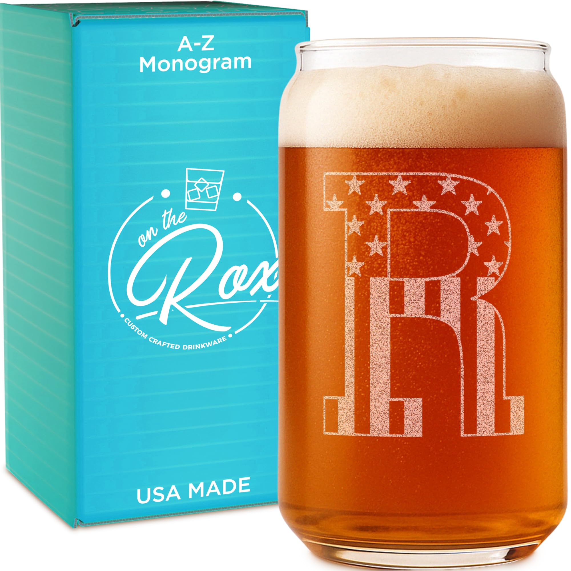 On The Rox Monogram Beer Glasses for Men (A-Z) 16 oz - Personalized Engraved Beer Gifts for Him - Groomsmen Gifts Brother in Law Dad Son Coworker - Unique USA Made Dishwasher Safe Pint Glass (R)