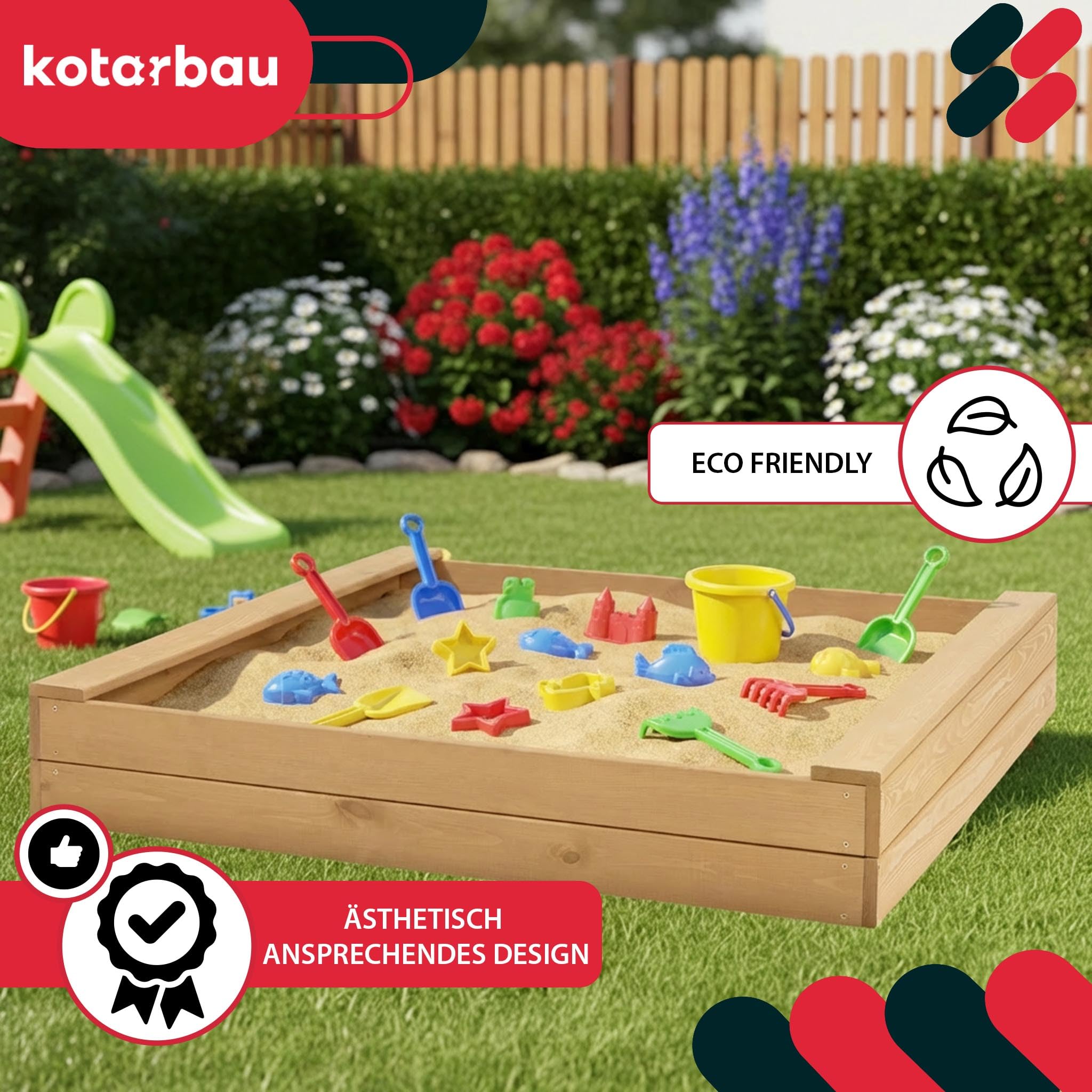 KOTARBAU® Piaskownica z ławką do siedzenia – 140 x 140 cm – piaskownica z drewna – piaskownica z 2 ławkami – zabawka ogrodowa dla dzieci – z włókniną do piaskownicy – drewno sosnowe – naturalna