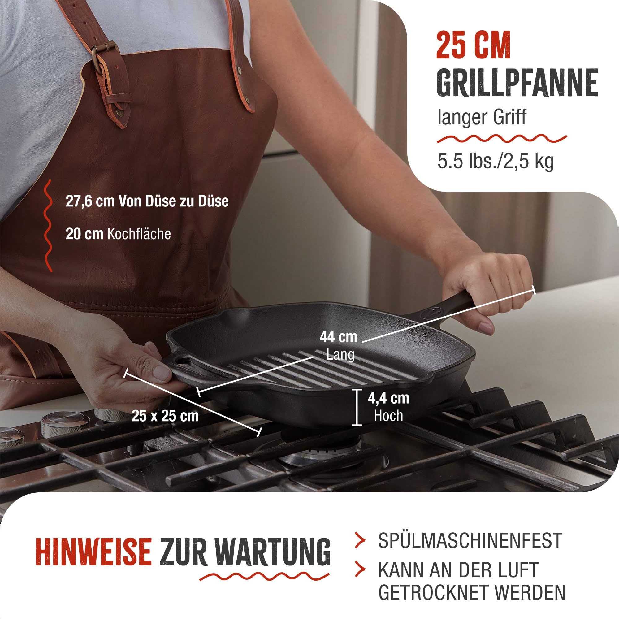 VICTORIA Grillpfanne Emaillierte Gusseisen Induktion 25x25cm Bratpfanne Geeignet für Feuer, Grill, Backofen, Ceranfeld, Gas, Cast Iron Skillet, Toxic Free Kochgeschirr ohne PTFE oder PFOA