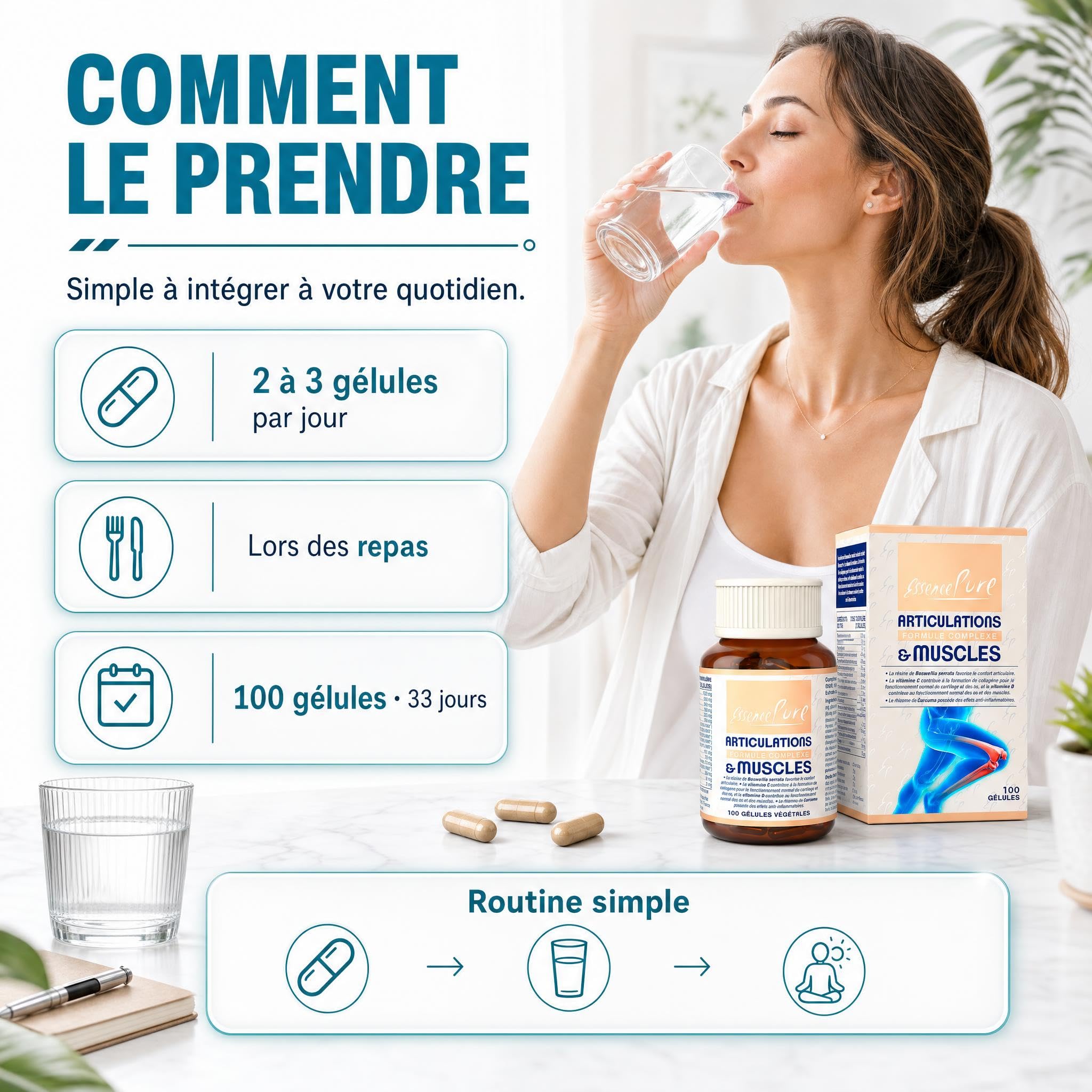Glucosamine Chondroïtine MSM + Collagène marin + Boswellia 30% AKBA | Acide hyaluronique, Curcuma, Bioperine®, Vitamines C & D | Articulations & Muscles | 100 gélules | Essence Pure