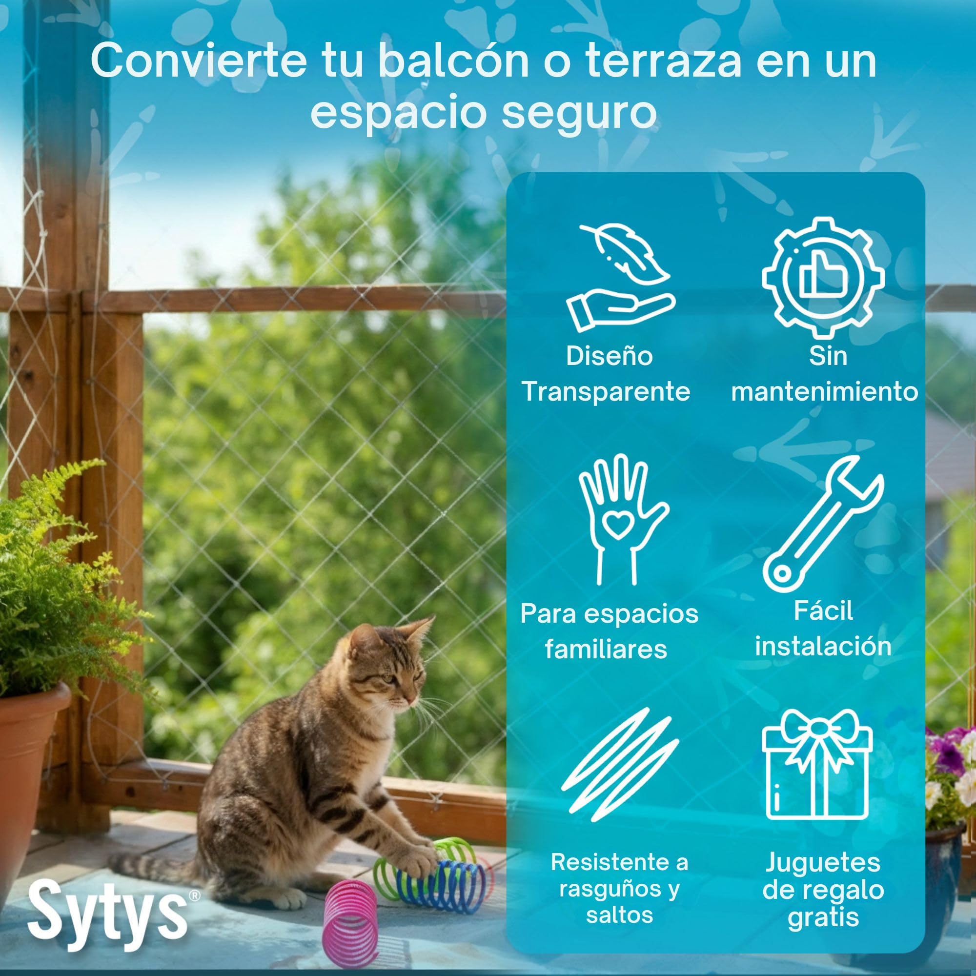 RED para GATOS Terraza SIN TALADRO + 4 Juguetes de REGALO (8x3m) TRANSPARENTE Red para Gatos Ventanas Red para Gatos Terraza Red Gatos Balcon Kit Instalación Completo Incluido | Malla Gatos Terraza