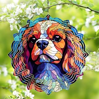 Wind Spinners King Charles Cavalier Dog Stained Glass Gift for Christmas Garden Porch Decorations Yard Flowers Shape Design Aluminum Reflective Wind Spinners Multi Size Funny Custom Dog Lovers Gifts