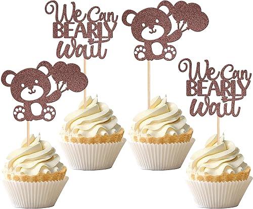 24 piezas de decoración para cupcakes con la frase "We Can Bearly Wait" con purpurina para globos de oso para cupcakes, decoración de pasteles para