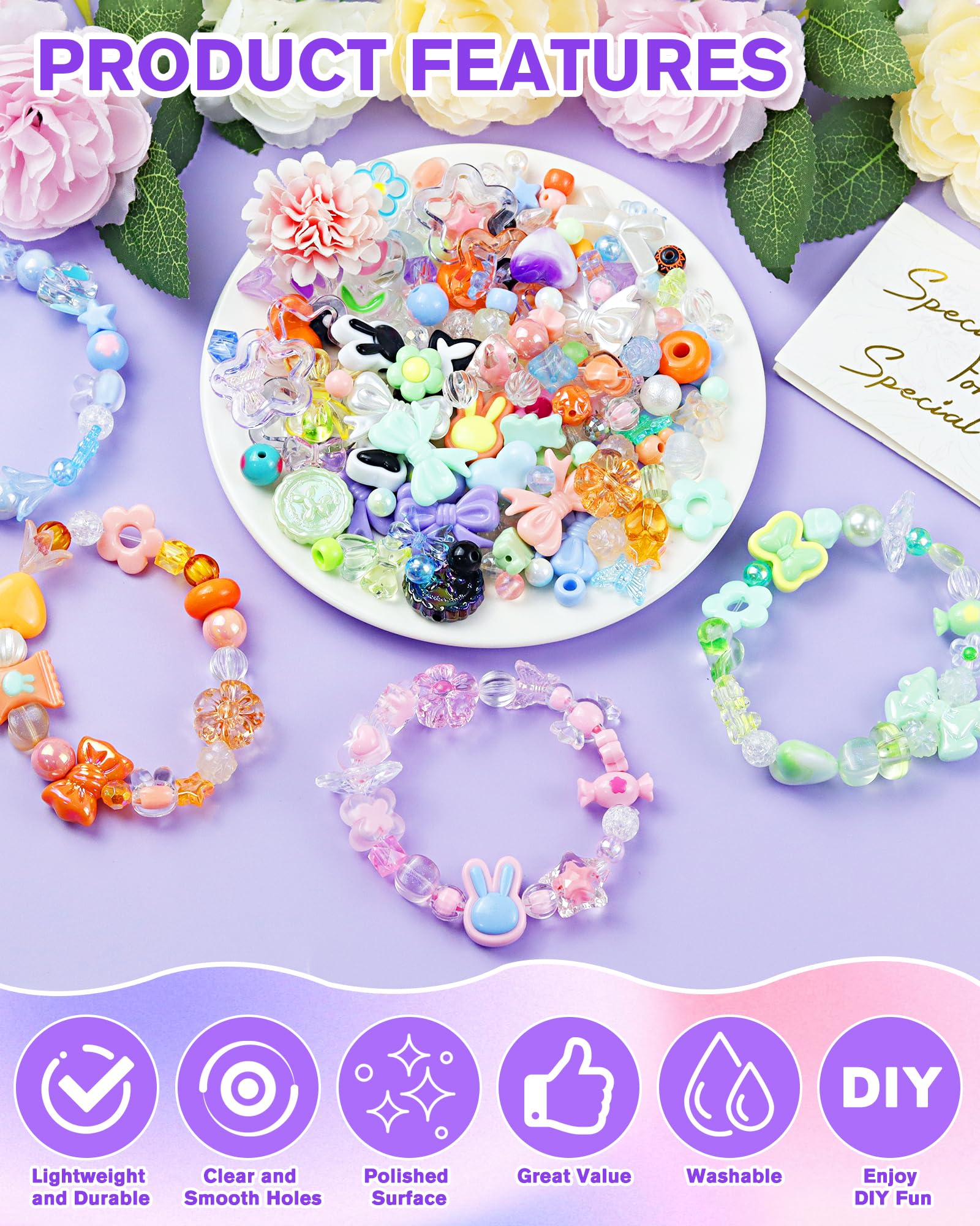 450PCS FIVEIZERO Assorted Acrylic Beads for Bracelet Making, Flower Star Heart Butterfly Candy Gummy Bear Kawaii Aesthetic Cute Beads for Jewelry Making, Keychains, Necklace, Phone Charms, DIY Crafts: 10 Colors Bracelet Making Kit