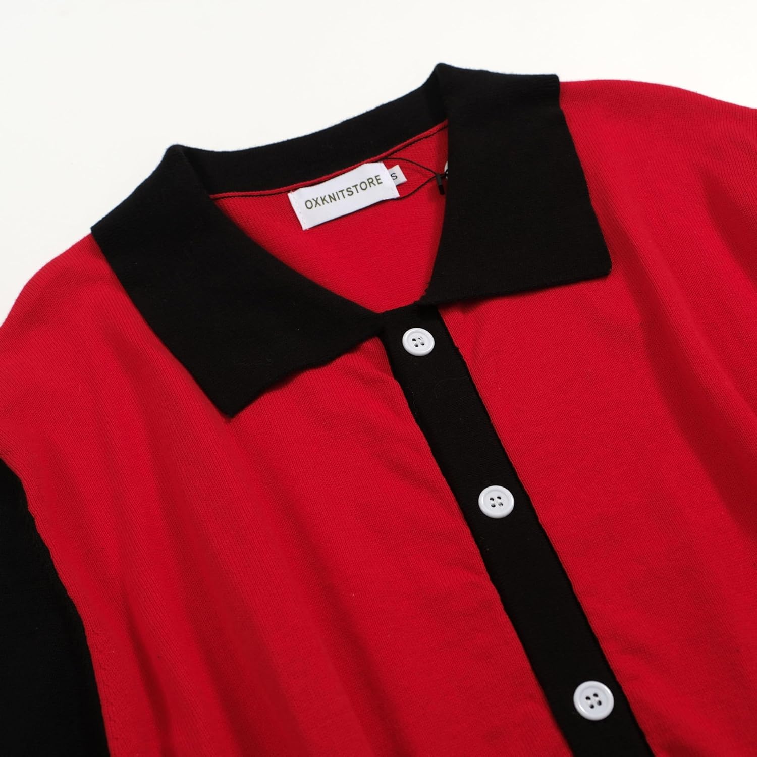 OXKNIT Men Knit Polo Shirts Short Sleeve Red Vintage Polo Shirt Casual Golf Shirts with Black White Wave - Image 4