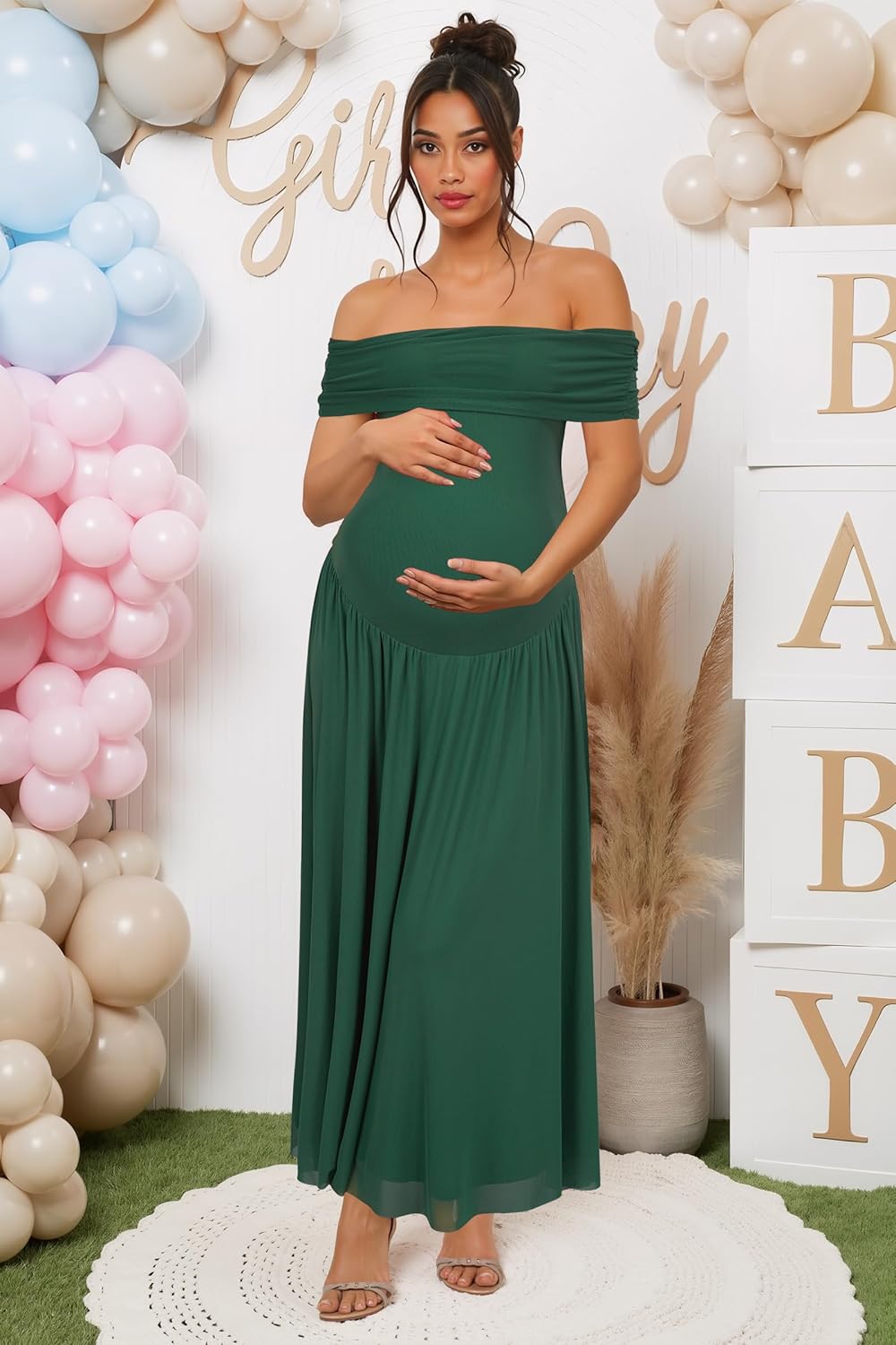 OUGES Women's 2026 Off The Shoulder Mesh Maxi Maternity Dress for Photoshoot Baby Shower Sleeveless Formal Long Dresses - Image 4