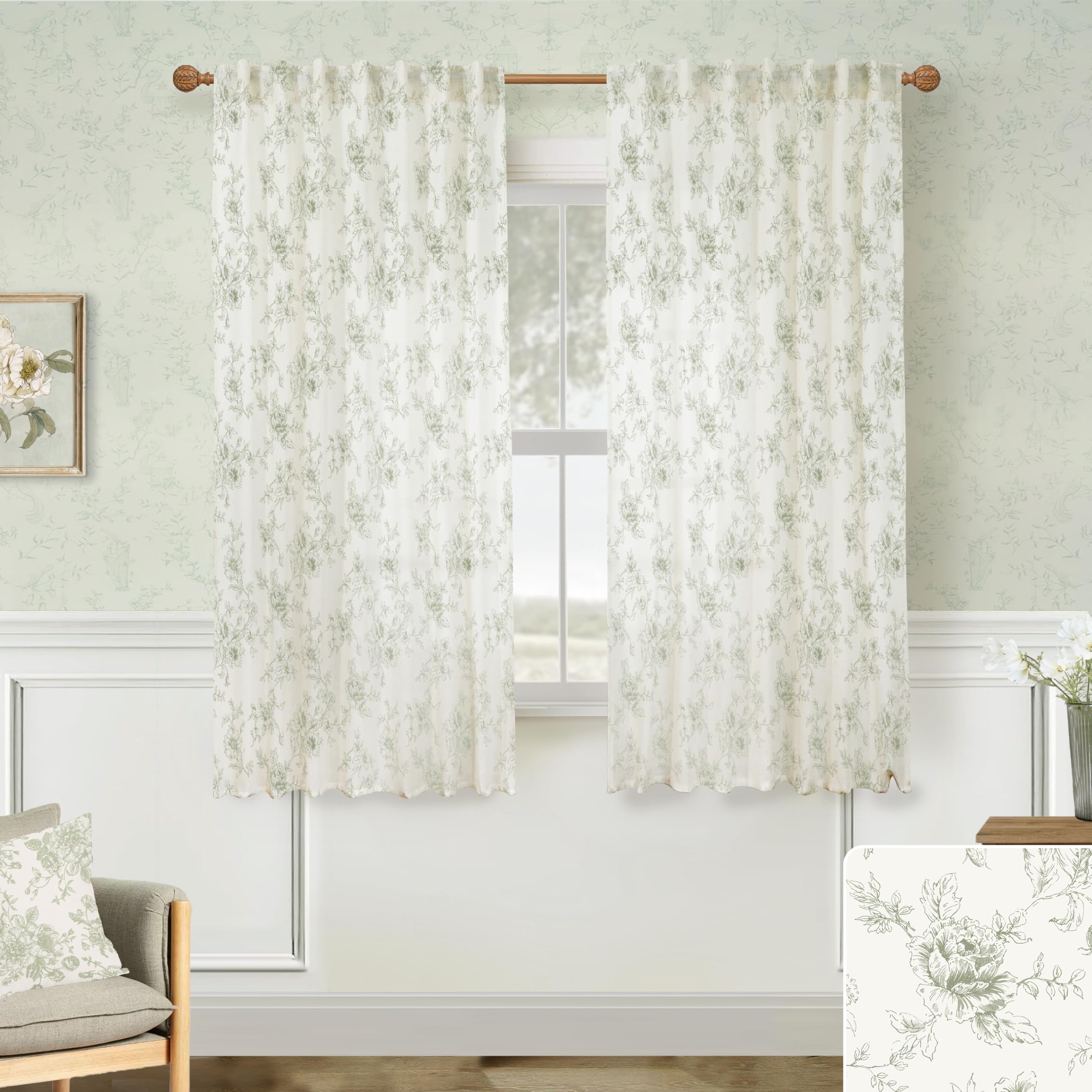 63 Inch Length Floral Linen Curtains, 2 Panel Set Light Filtering Semi Sheer Pattern Drapes, Green Vintage French Country Toile Window Draperies for