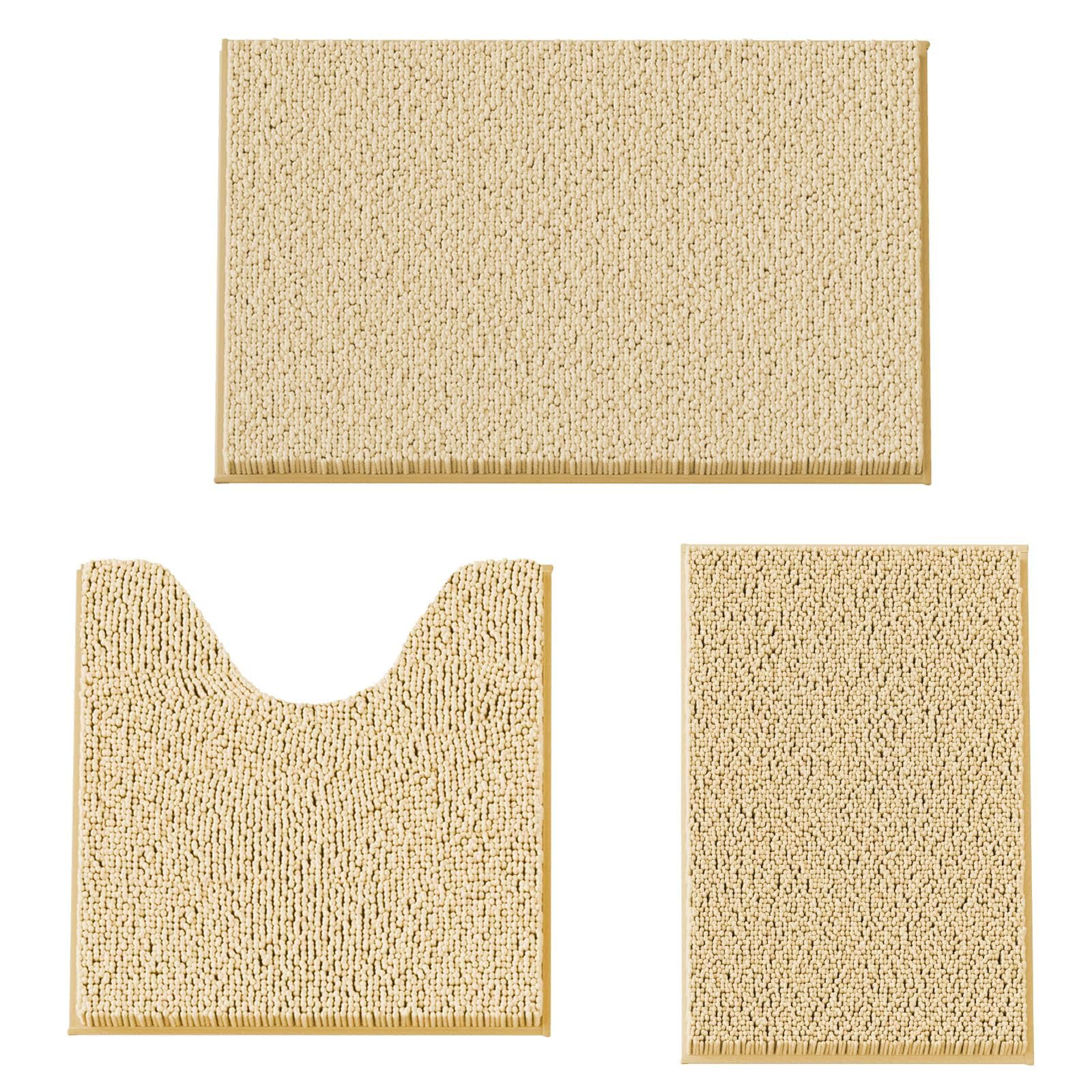 COMPOLICY 3 Piece Bath Mat Set, Beige Non Slip Chenille Bathroom Mats, Washable Super Absorbent Toilet & Shower Rug Set for Bathroom
